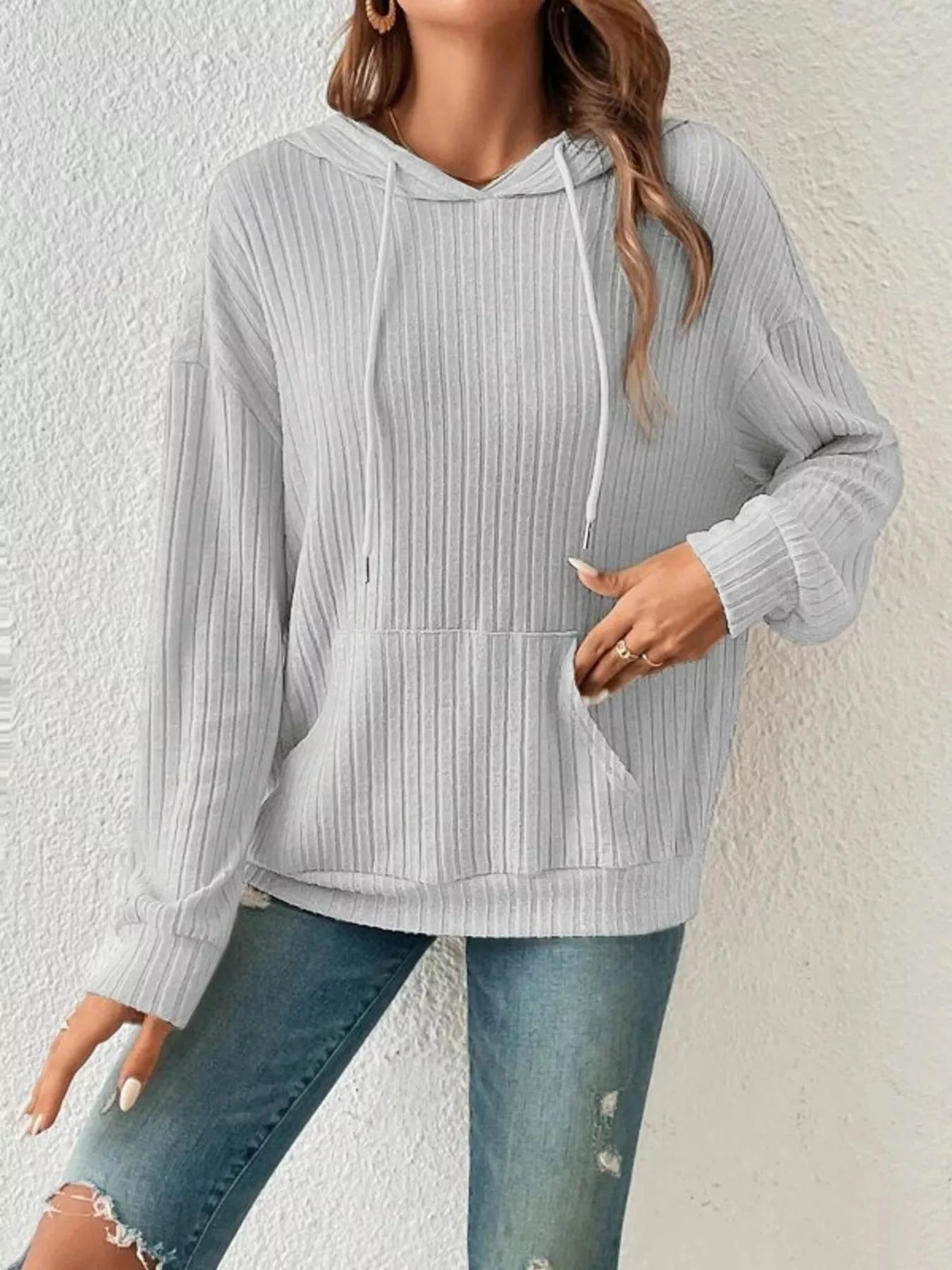 Ribbed Knit Long Sleeve Drawstring Hoodie designed for comfort and style at Lookzlike