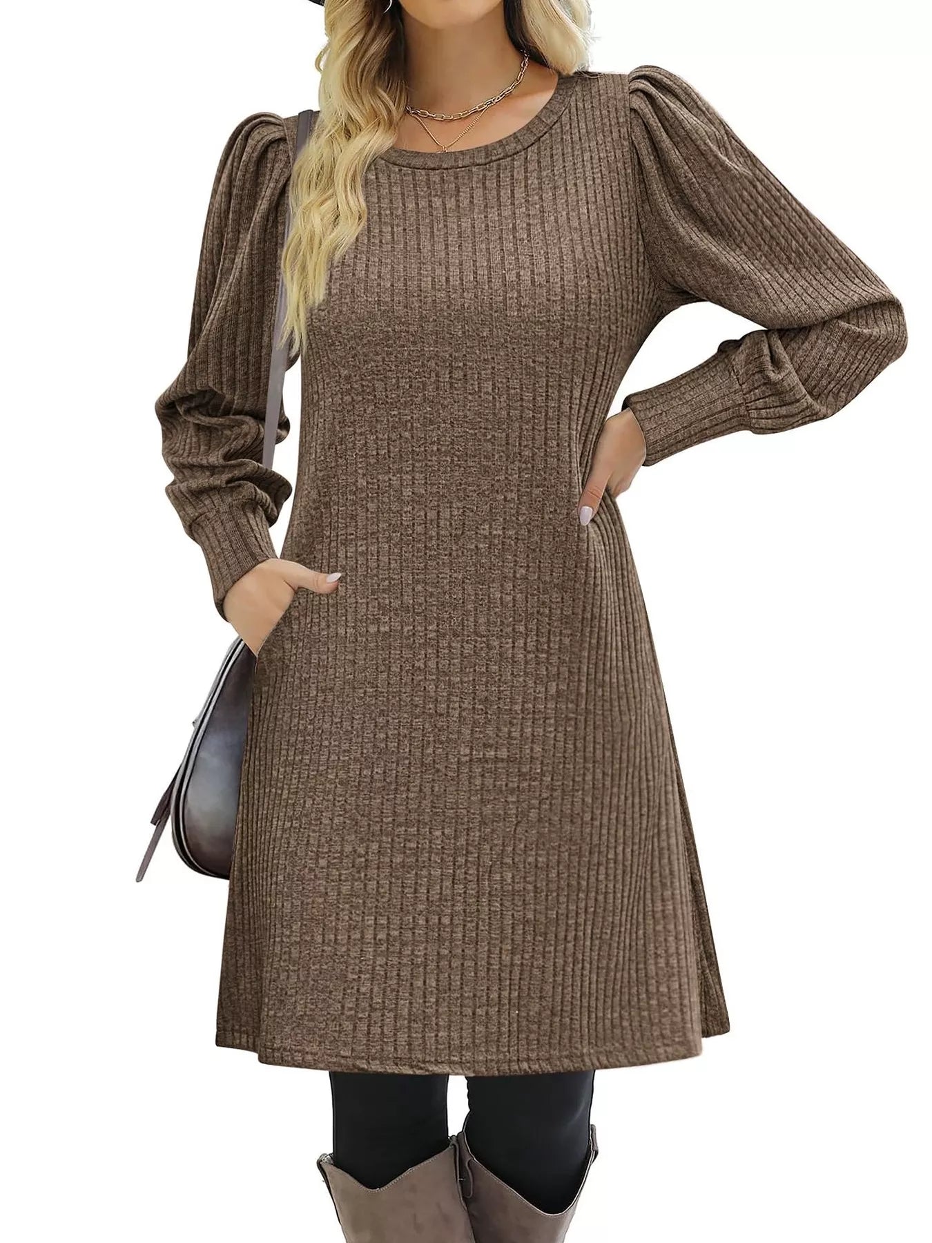 Ribbed Knit Puff Sleeve Casual Mini Dress designed for comfort and style at Lookzlike