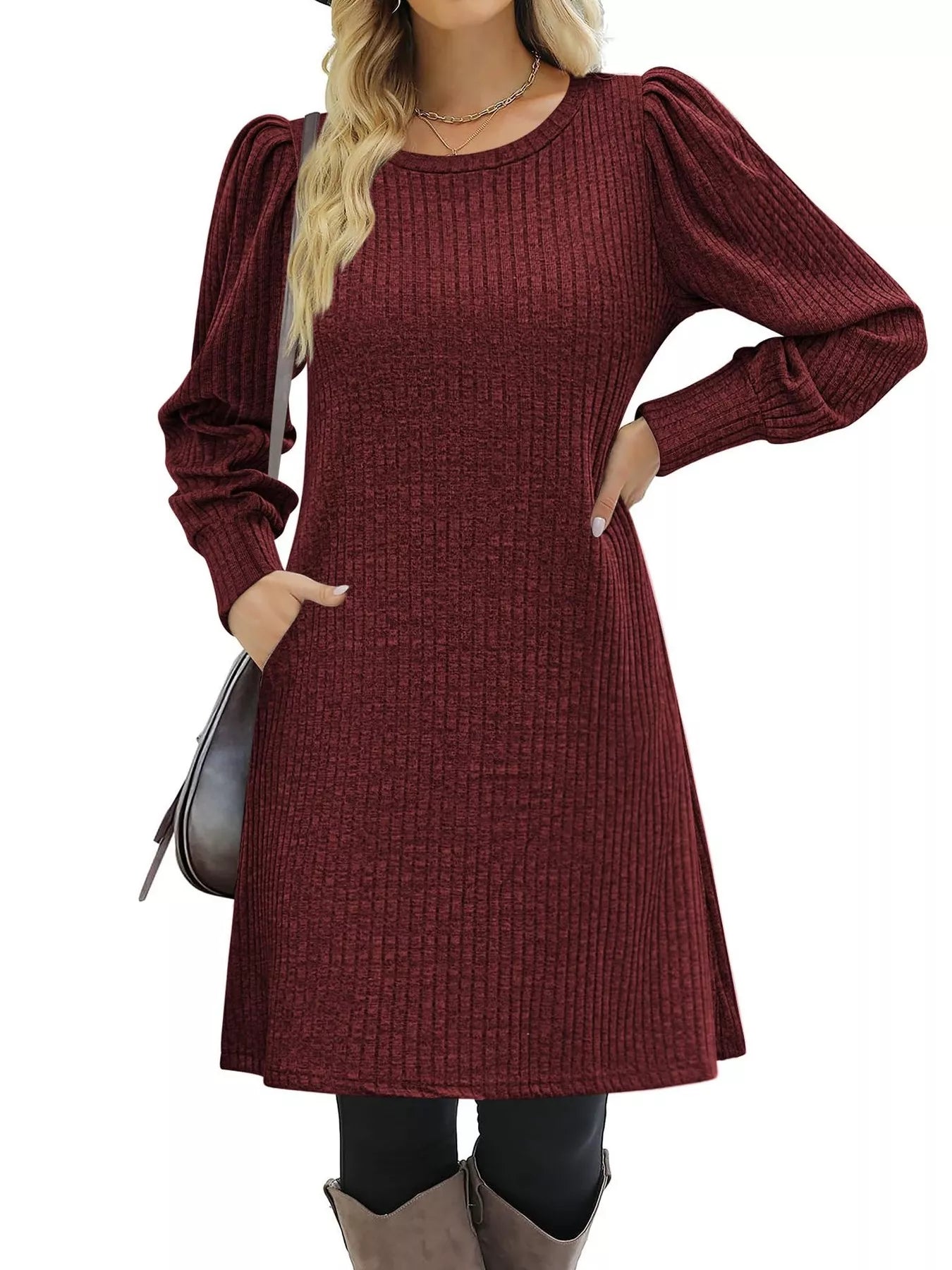 Ribbed Knit Puff Sleeve Casual Mini Dress designed for comfort and style at Lookzlike