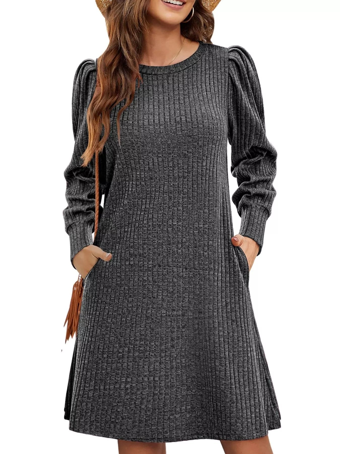 Ribbed Knit Puff Sleeve Casual Mini Dress designed for comfort and style at Lookzlike