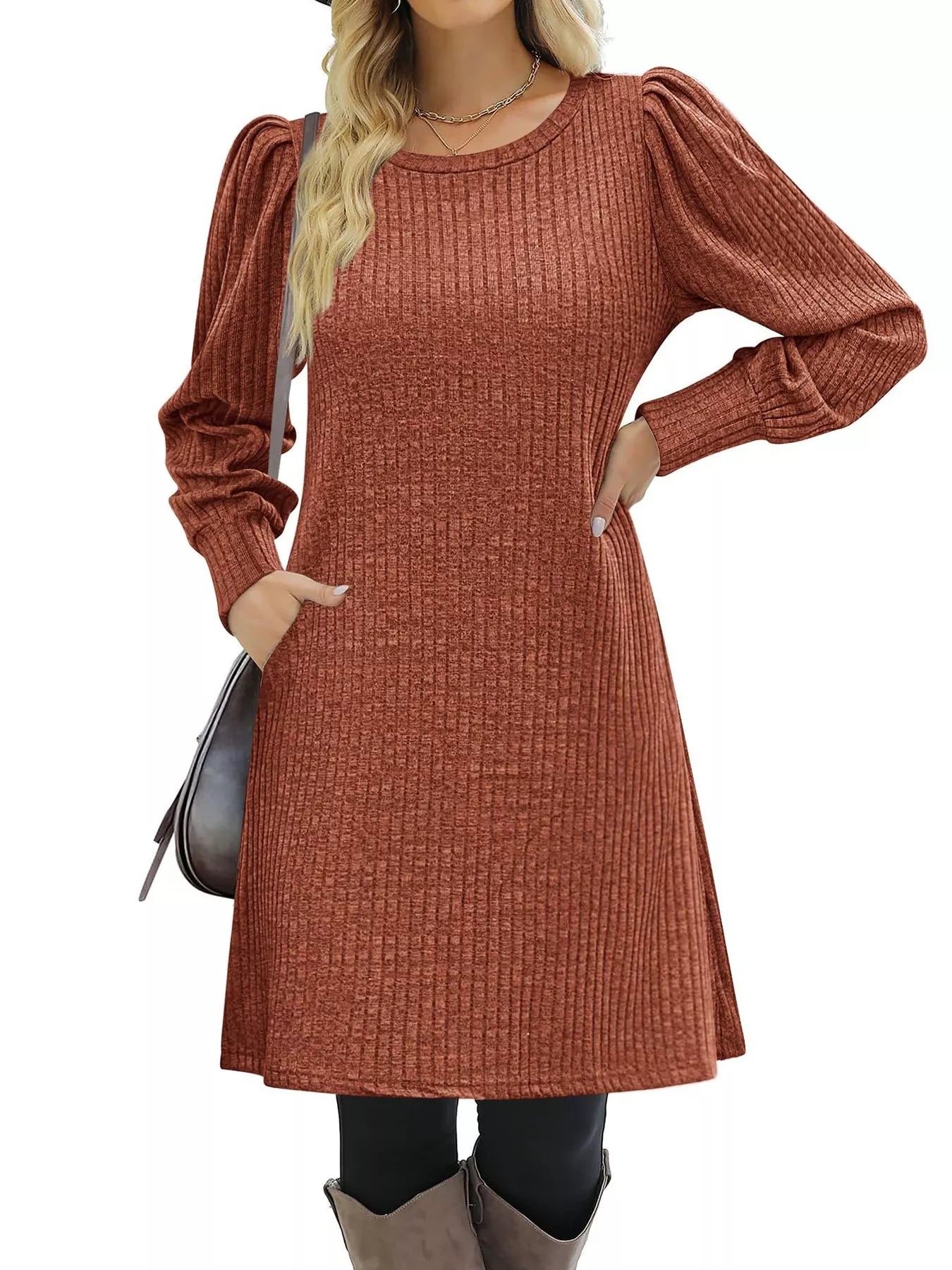 Ribbed Knit Puff Sleeve Casual Mini Dress designed for comfort and style at Lookzlike