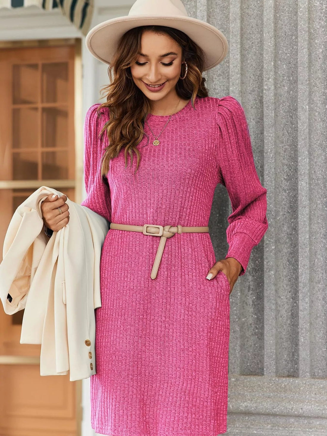 Ribbed Knit Puff Sleeve Casual Mini Dress designed for comfort and style at Lookzlike