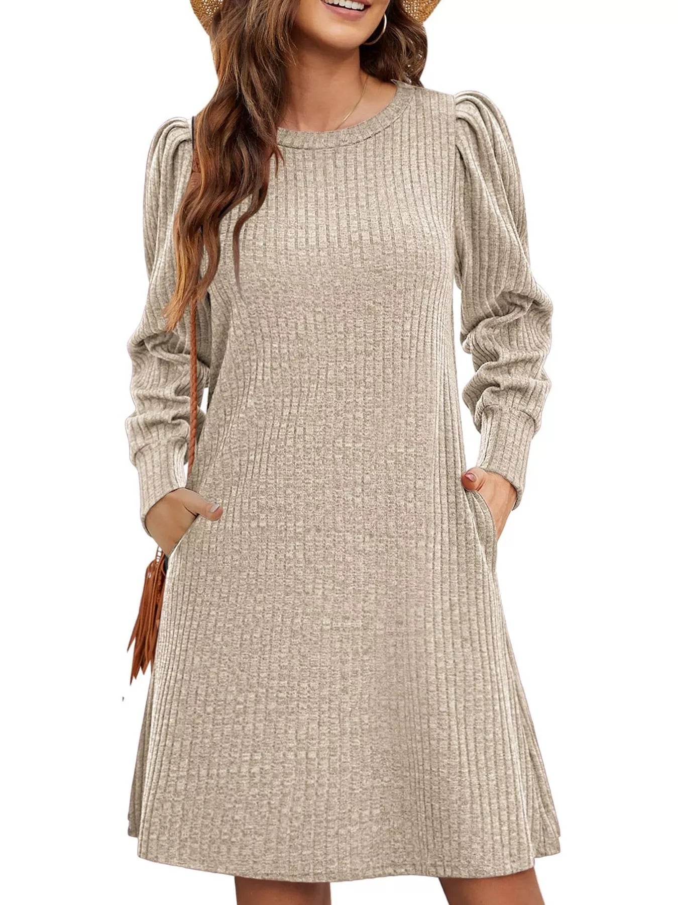 Ribbed Knit Puff Sleeve Casual Mini Dress designed for comfort and style at Lookzlike