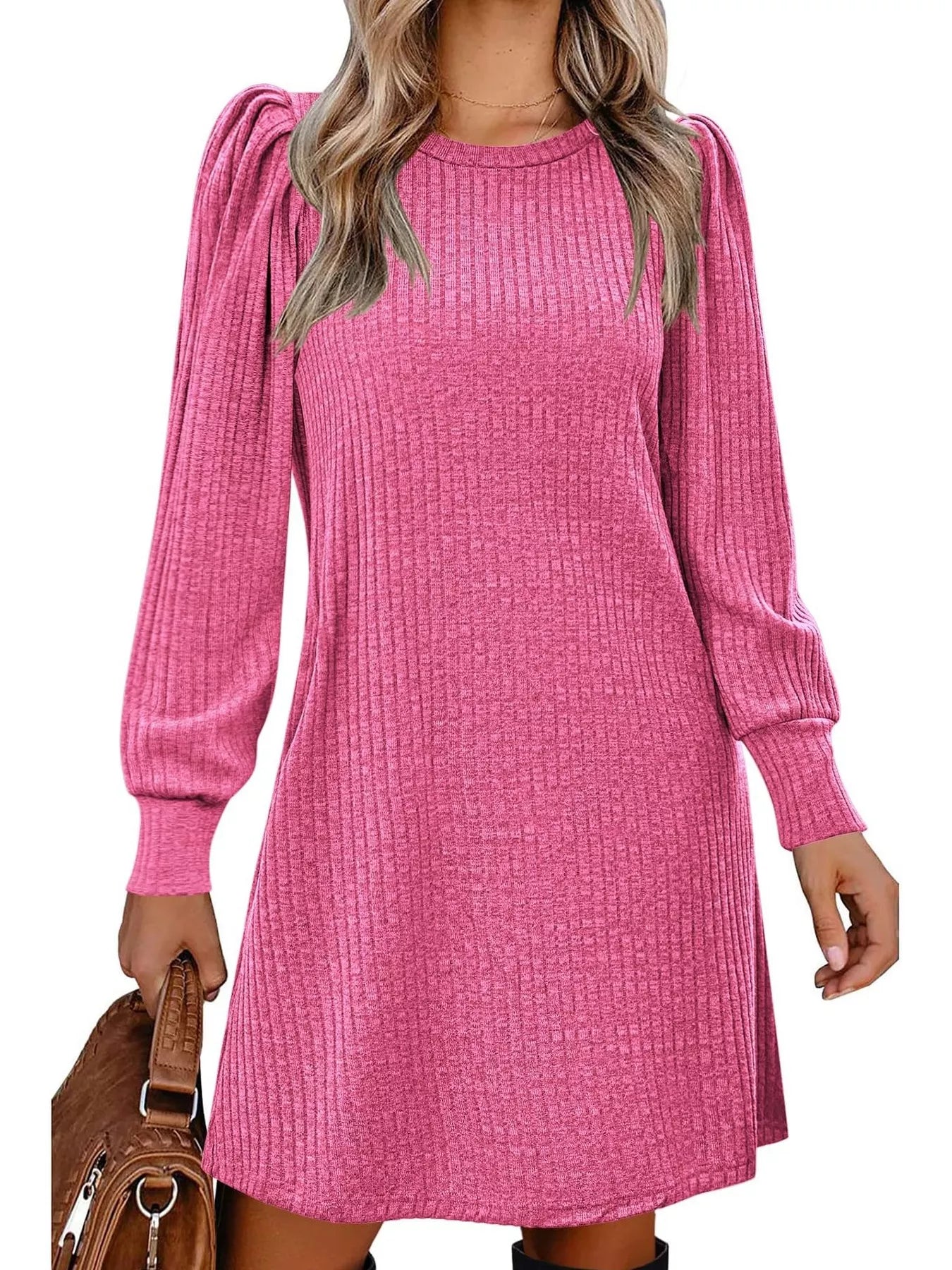 Ribbed Knit Puff Sleeve Casual Mini Dress designed for comfort and style at Lookzlike