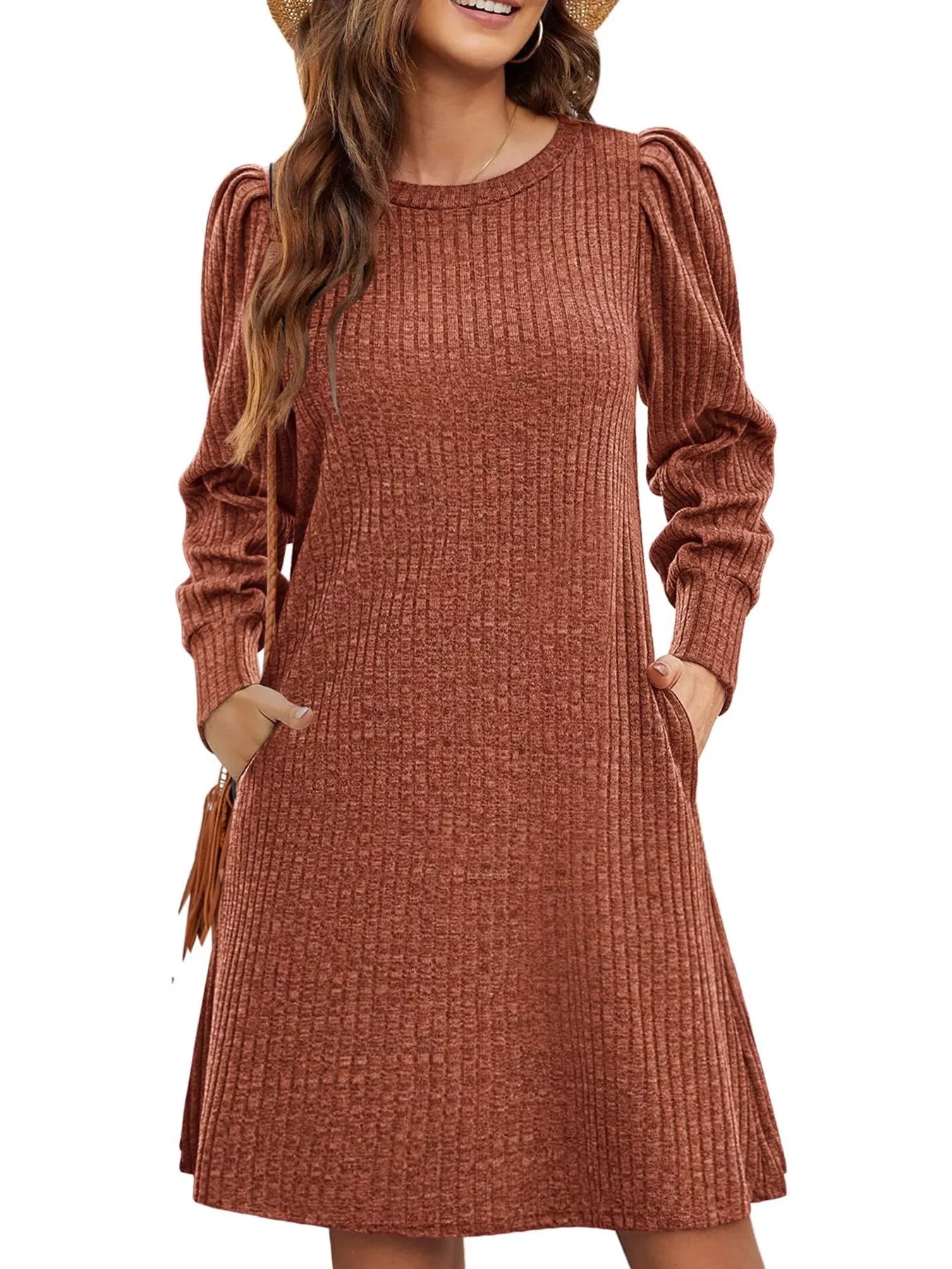 Ribbed Knit Puff Sleeve Casual Mini Dress designed for comfort and style at Lookzlike