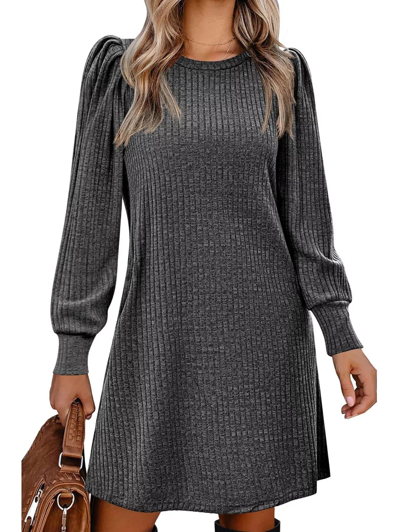 Ribbed Knit Puff Sleeve Casual Mini Dress designed for comfort and style at Lookzlike