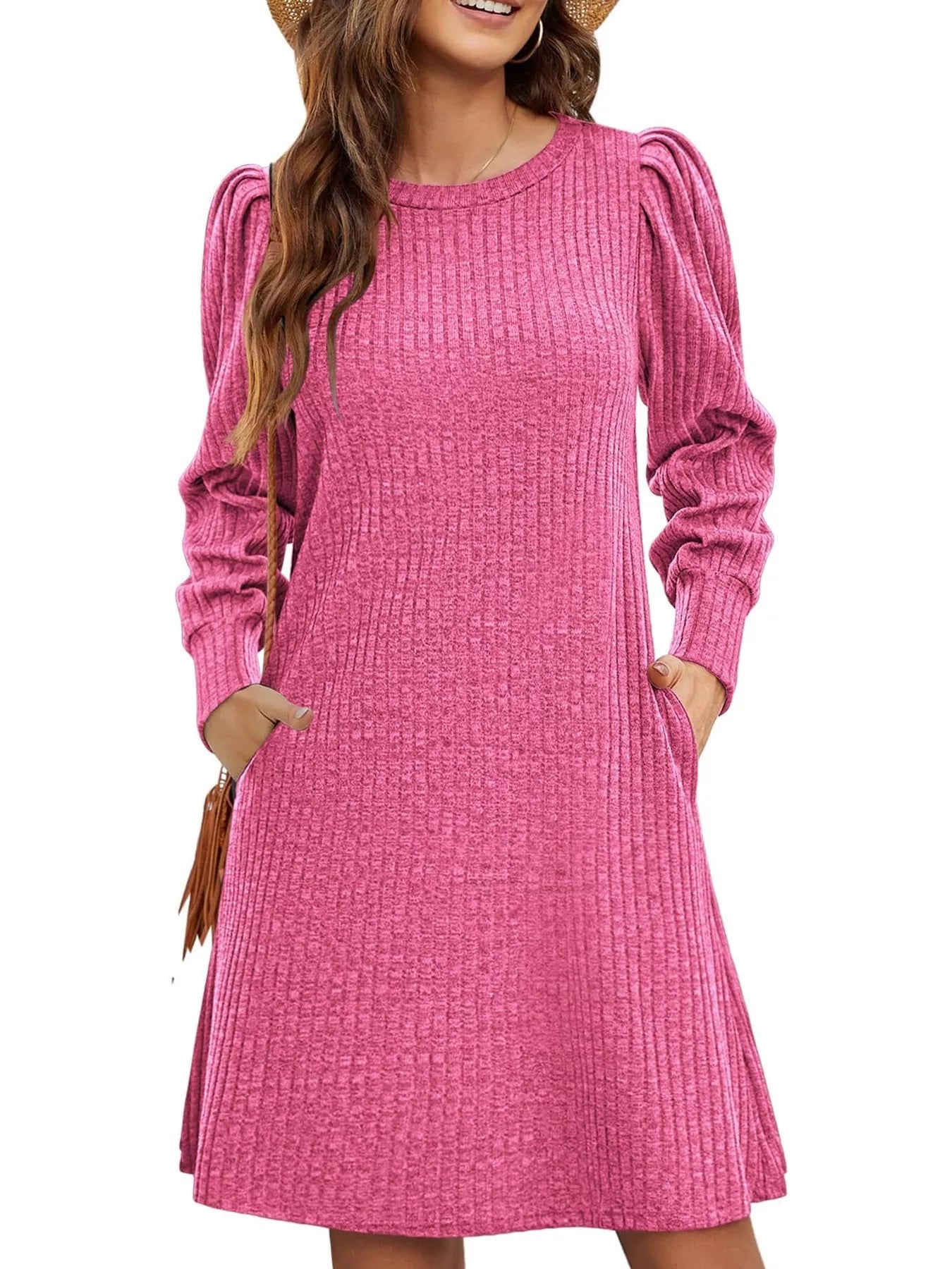 Ribbed Knit Puff Sleeve Casual Mini Dress designed for comfort and style at Lookzlike