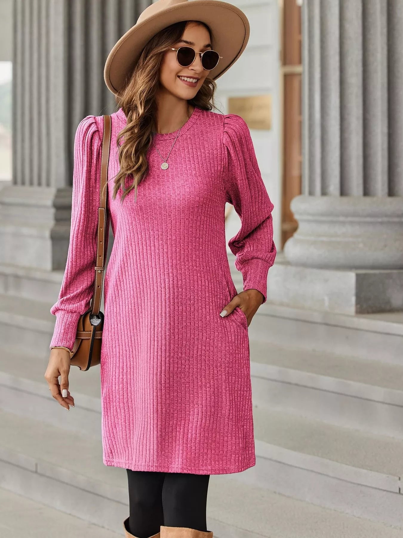 Ribbed Knit Puff Sleeve Casual Mini Dress designed for comfort and style at Lookzlike