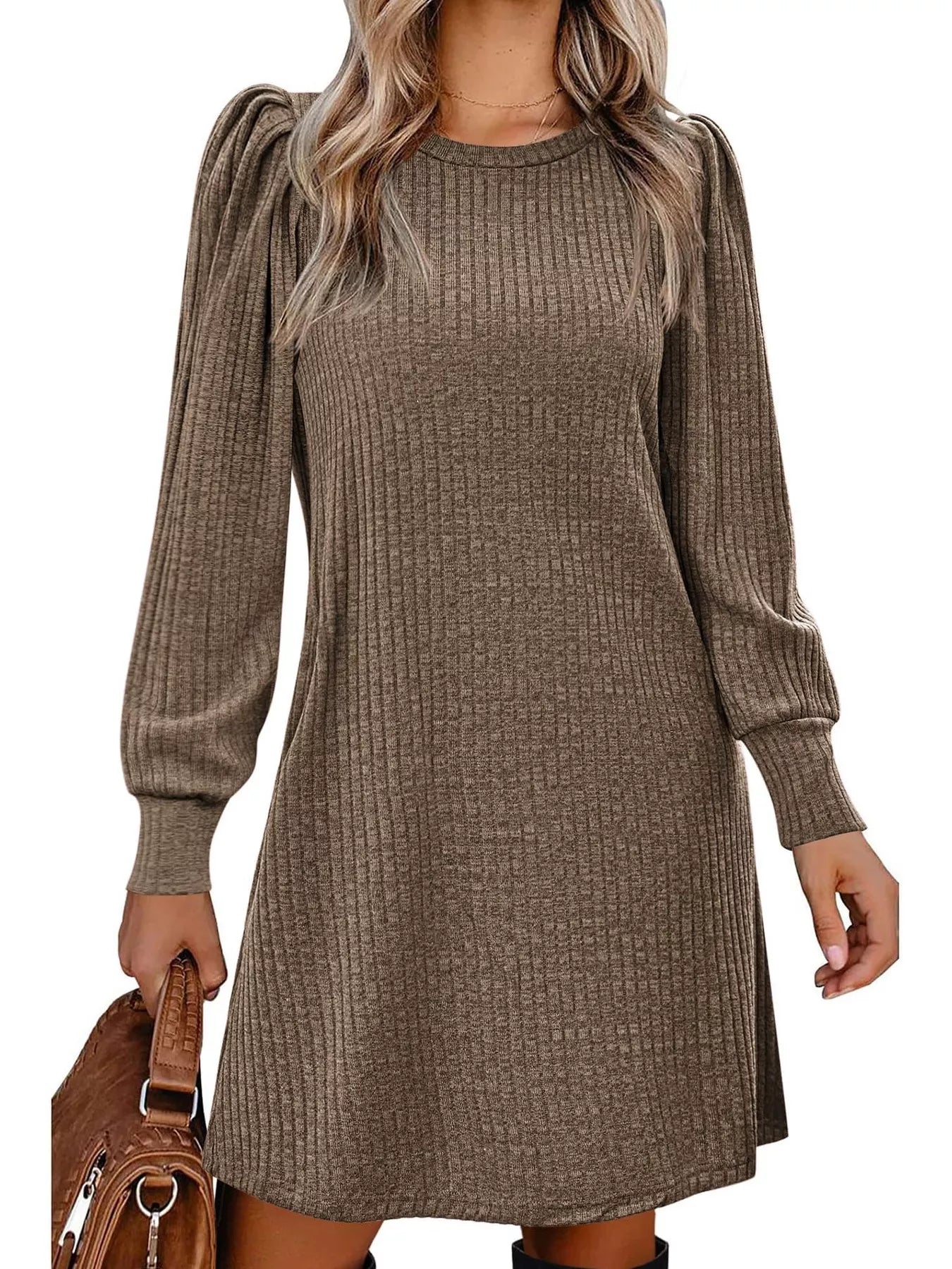 Ribbed Knit Puff Sleeve Casual Mini Dress designed for comfort and style at Lookzlike
