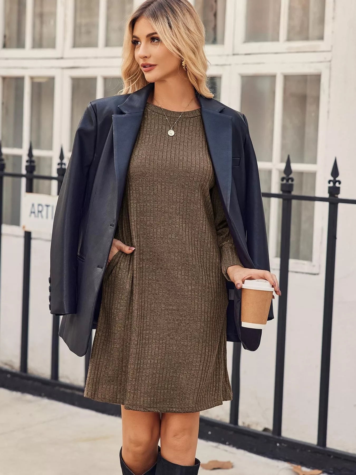 Ribbed Knit Puff Sleeve Casual Mini Dress designed for comfort and style at Lookzlike