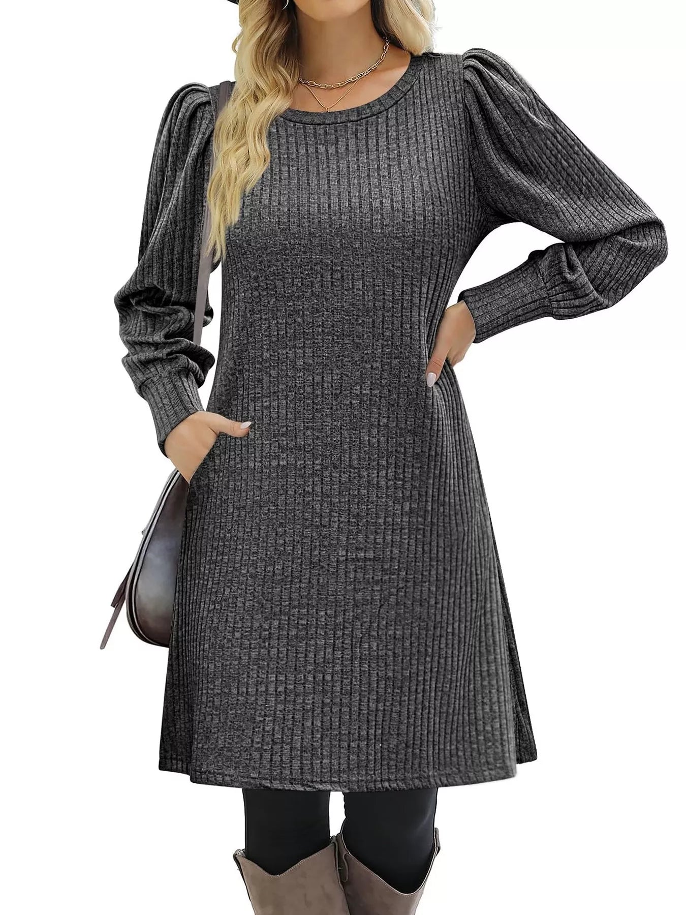 Ribbed Knit Puff Sleeve Casual Mini Dress designed for comfort and style at Lookzlike