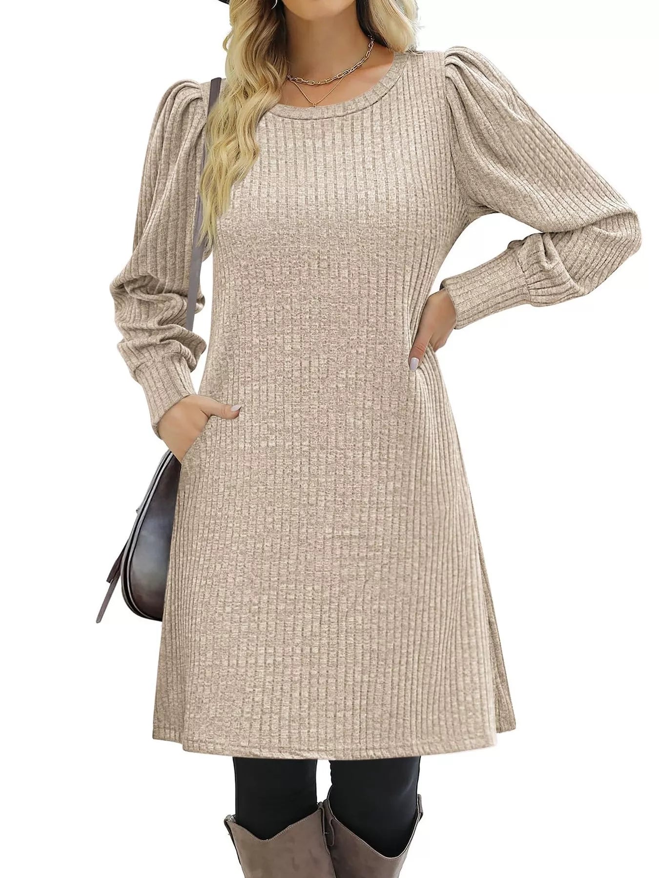 Ribbed Knit Puff Sleeve Casual Mini Dress designed for comfort and style at Lookzlike
