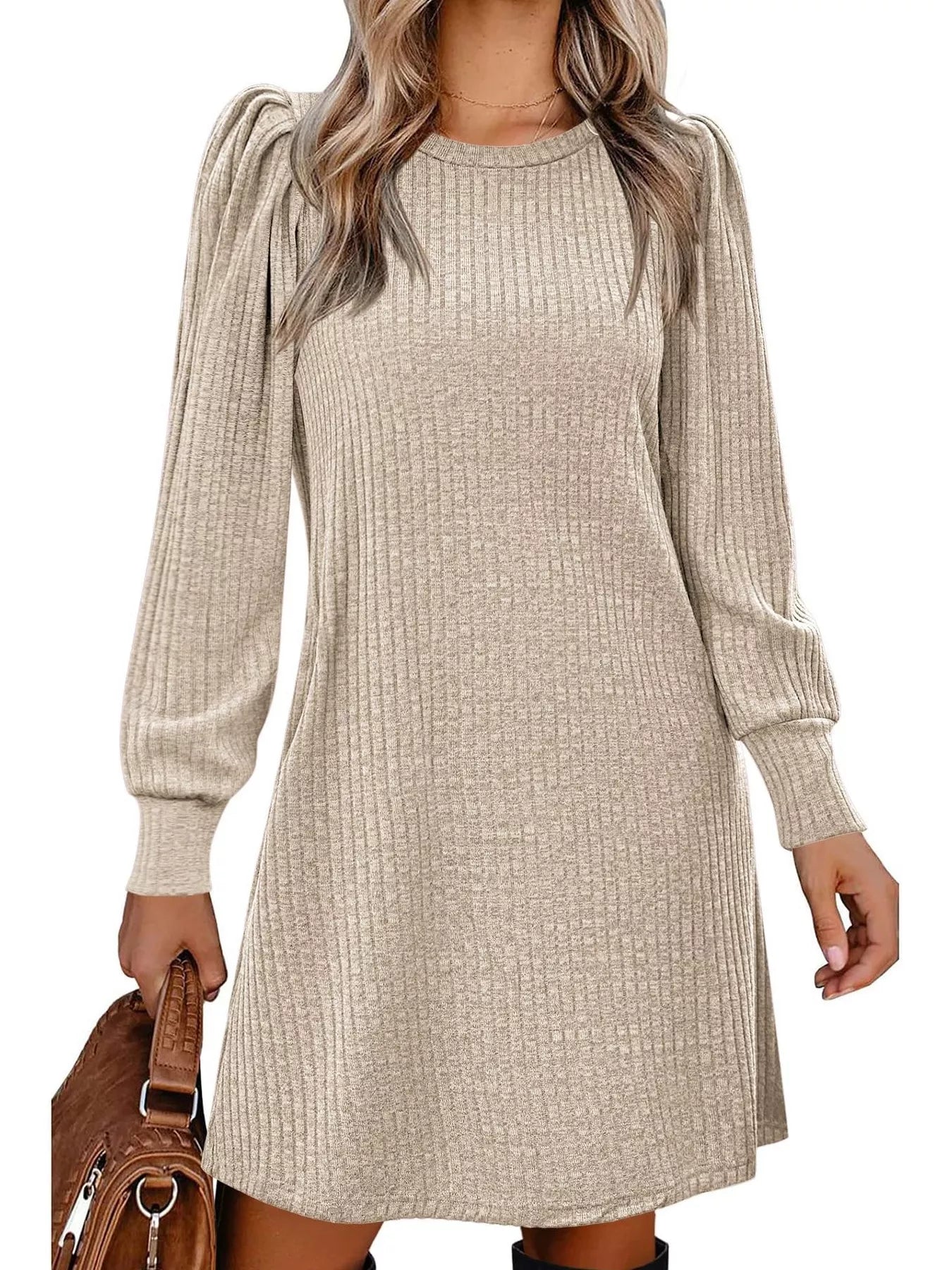 Ribbed Knit Puff Sleeve Casual Mini Dress designed for comfort and style at Lookzlike