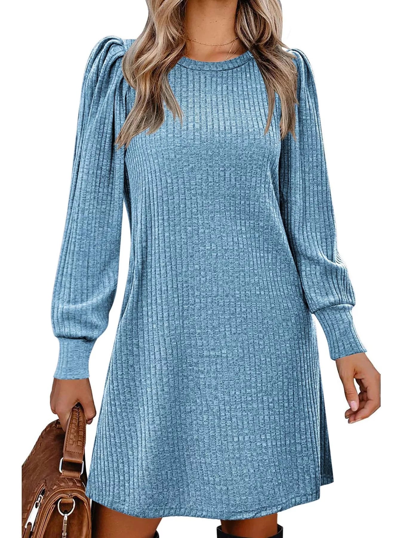Ribbed Knit Puff Sleeve Casual Mini Dress designed for comfort and style at Lookzlike