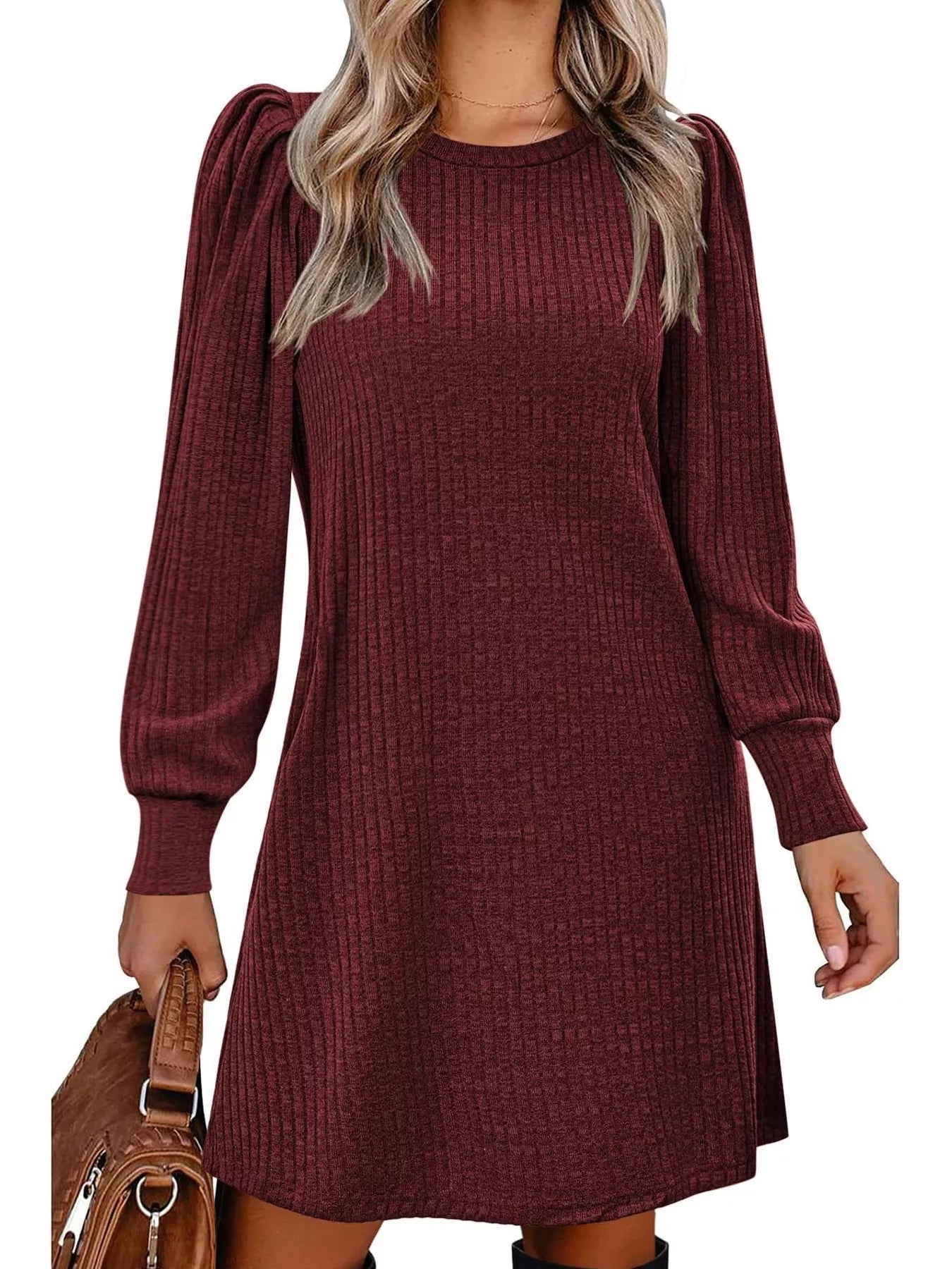 Ribbed Knit Puff Sleeve Casual Mini Dress designed for comfort and style at Lookzlike
