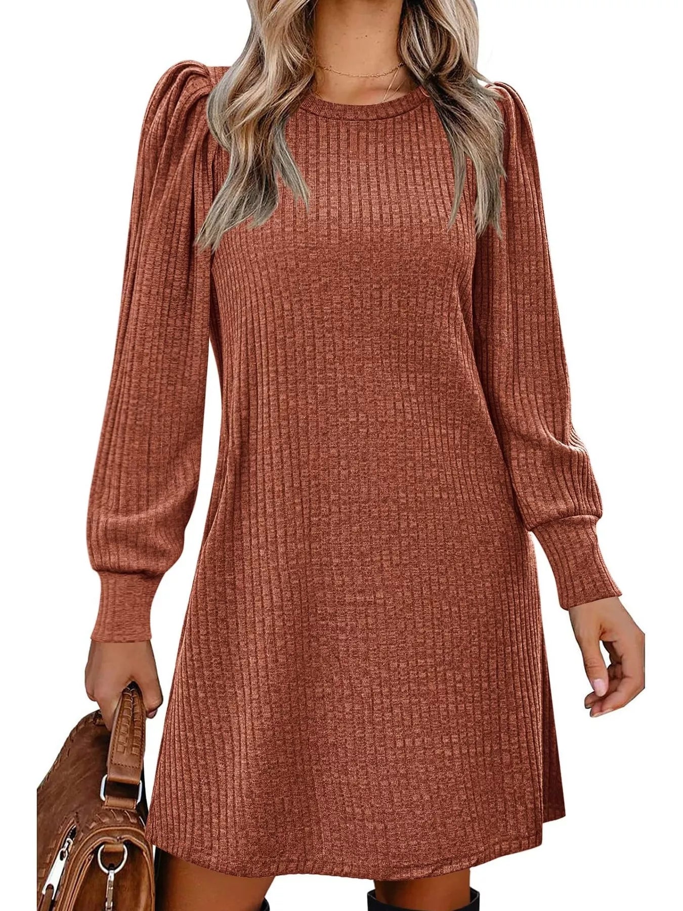 Ribbed Knit Puff Sleeve Casual Mini Dress designed for comfort and style at Lookzlike