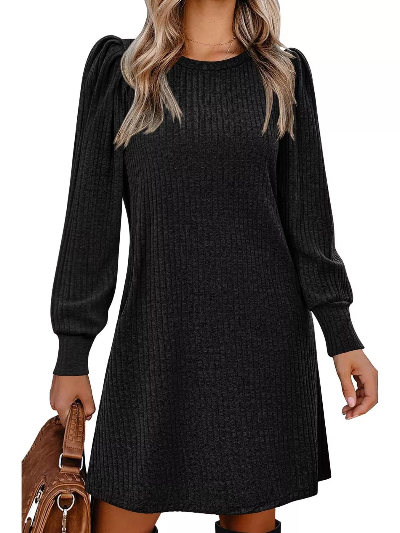 Ribbed Knit Puff Sleeve Casual Mini Dress designed for comfort and style at Lookzlike