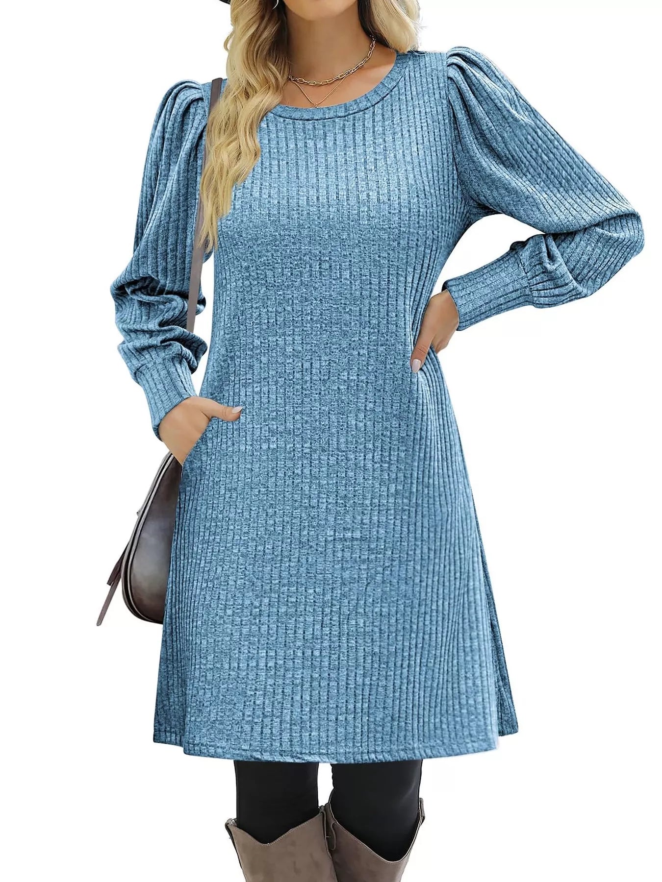 Ribbed Knit Puff Sleeve Casual Mini Dress designed for comfort and style at Lookzlike