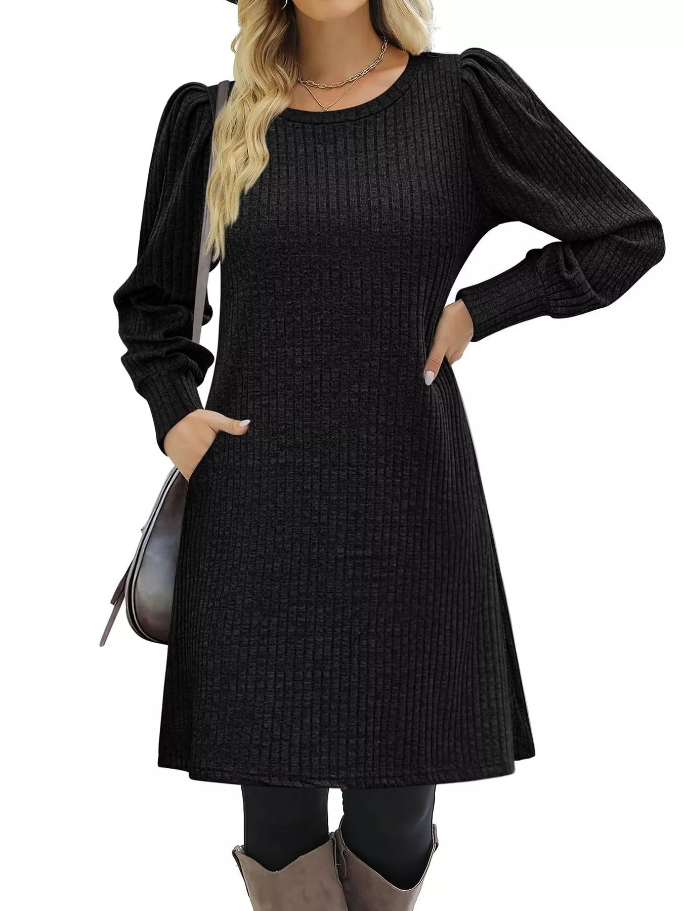 Ribbed Knit Puff Sleeve Casual Mini Dress designed for comfort and style at Lookzlike