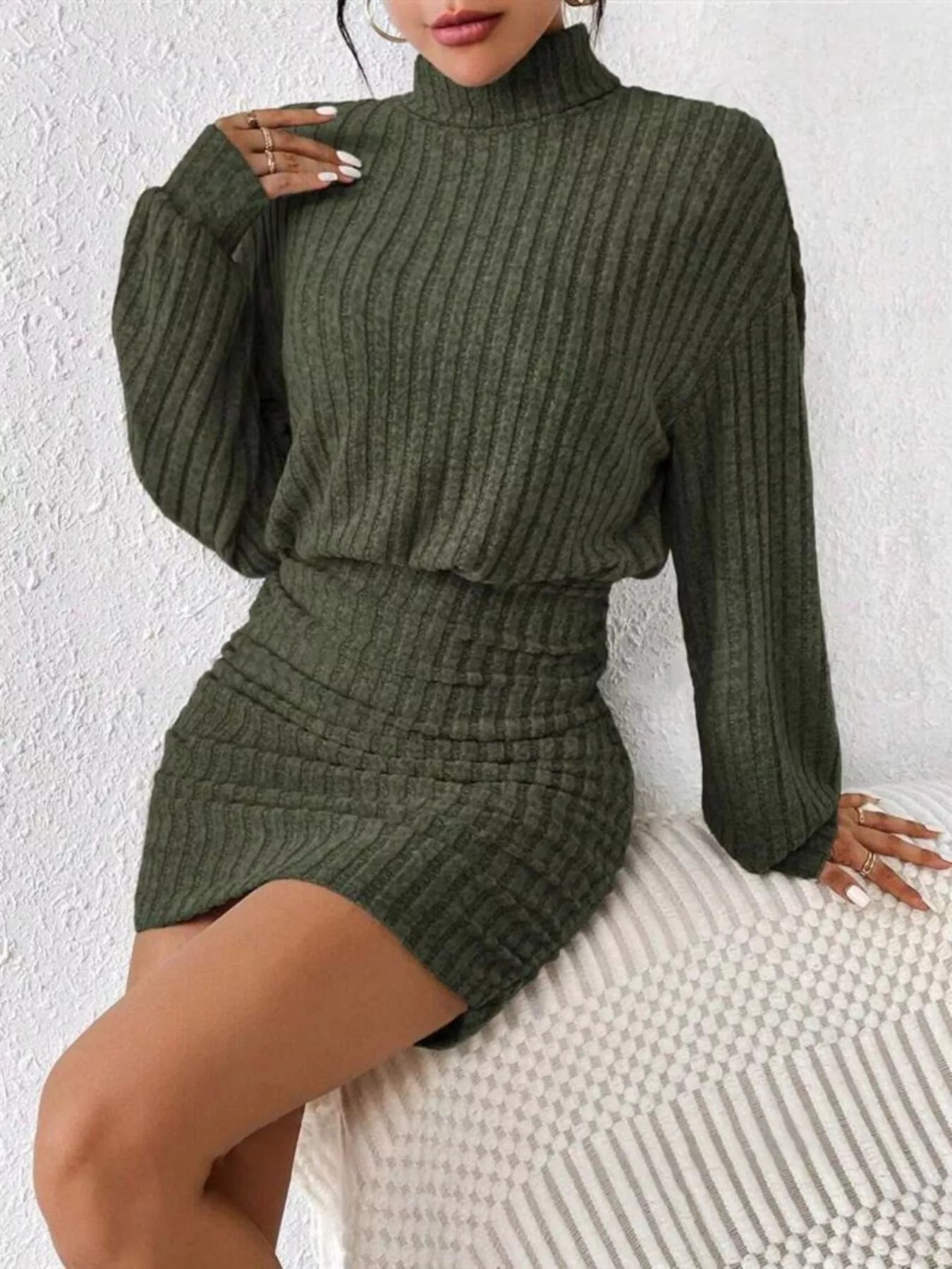 Ribbed Knit Turtleneck Bodycon Mini Dress designed for comfort and style at Lookzlike