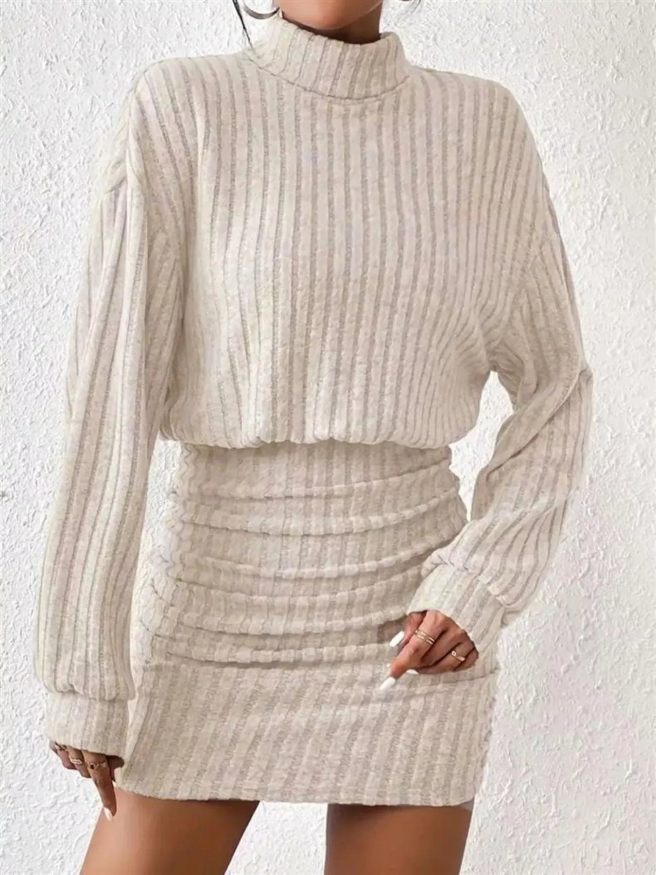 Ribbed Knit Turtleneck Bodycon Mini Dress designed for comfort and style at Lookzlike