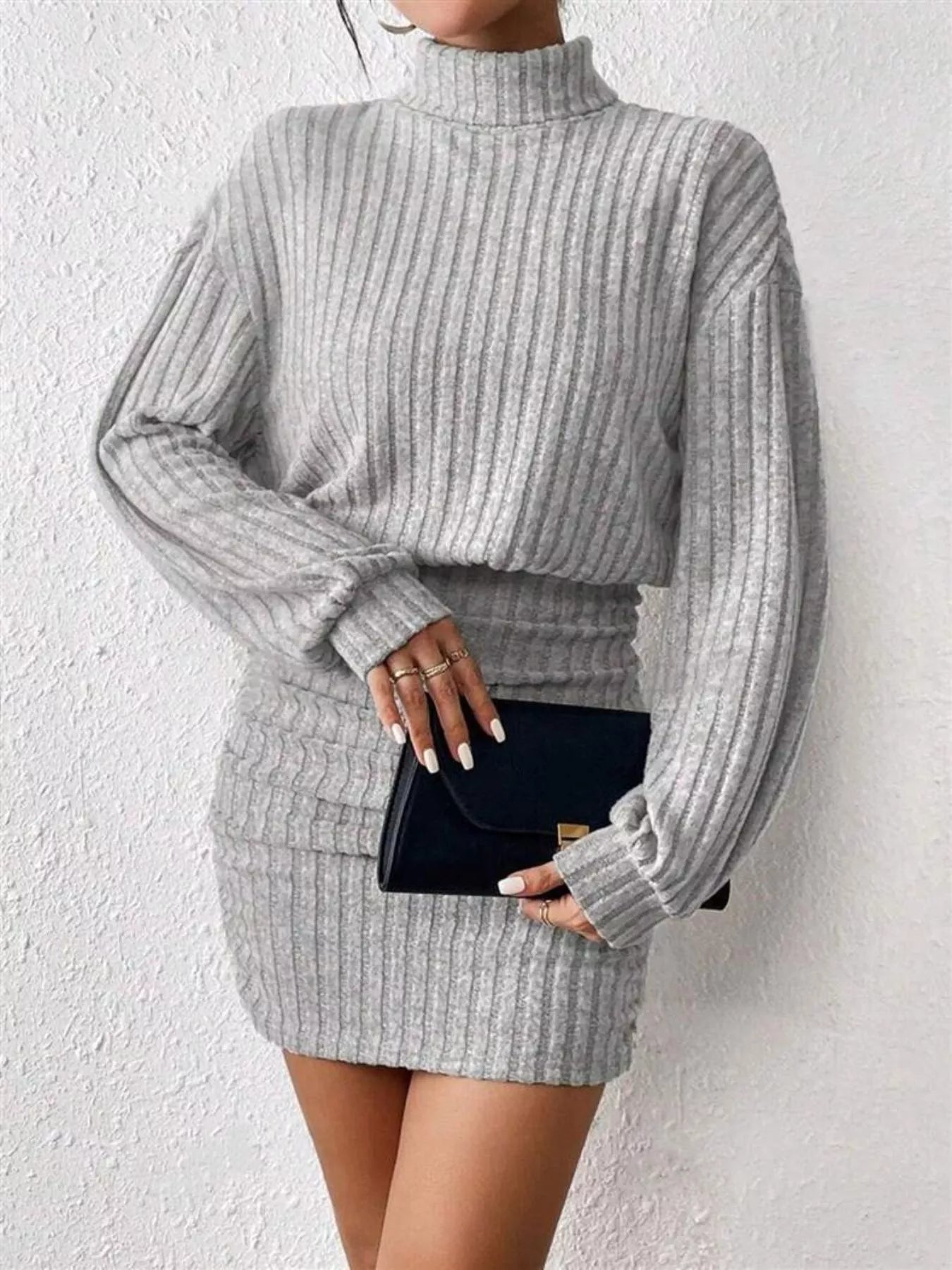 Ribbed Knit Turtleneck Bodycon Mini Dress designed for comfort and style at Lookzlike