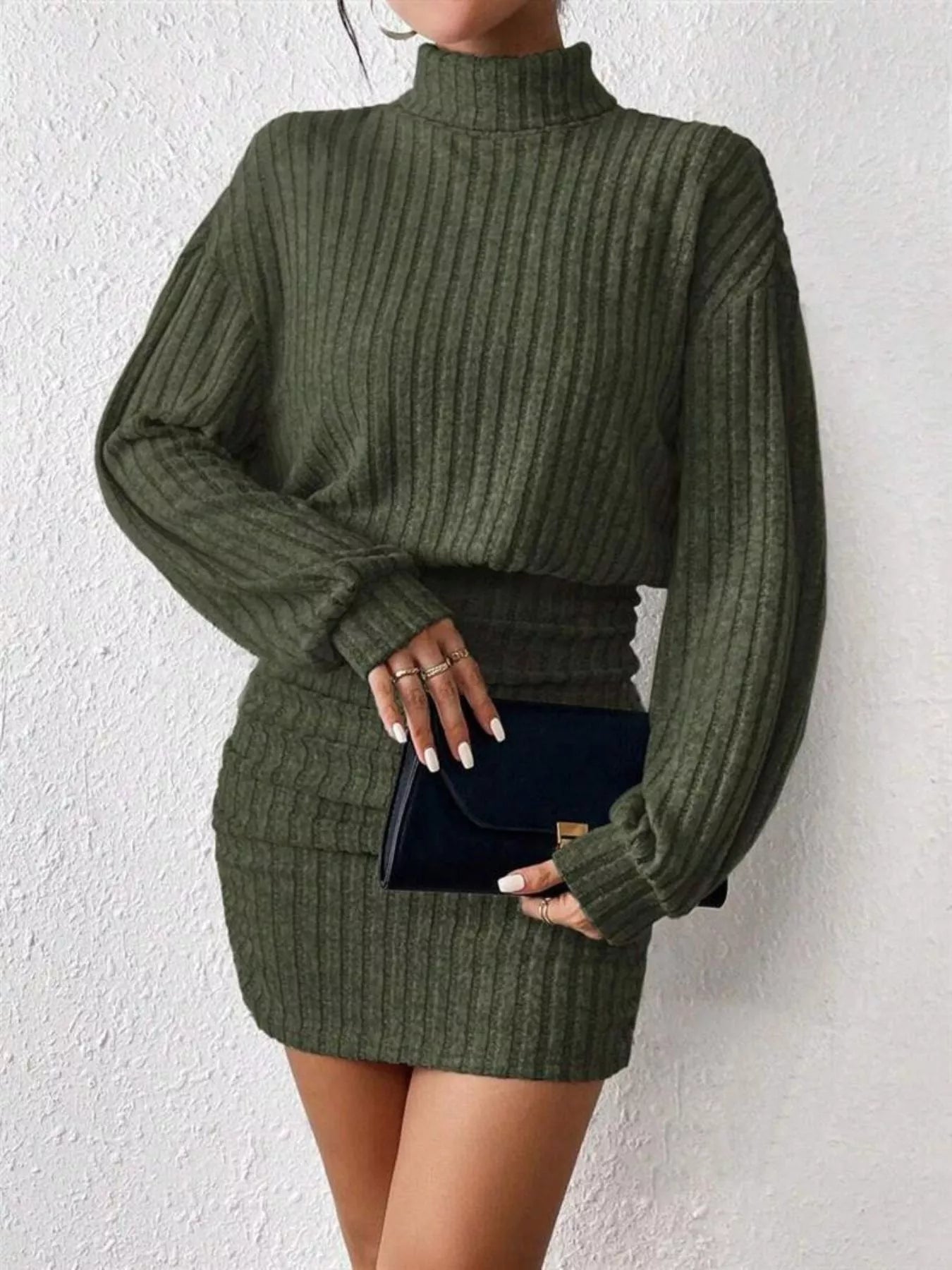 Ribbed Knit Turtleneck Bodycon Mini Dress designed for comfort and style at Lookzlike