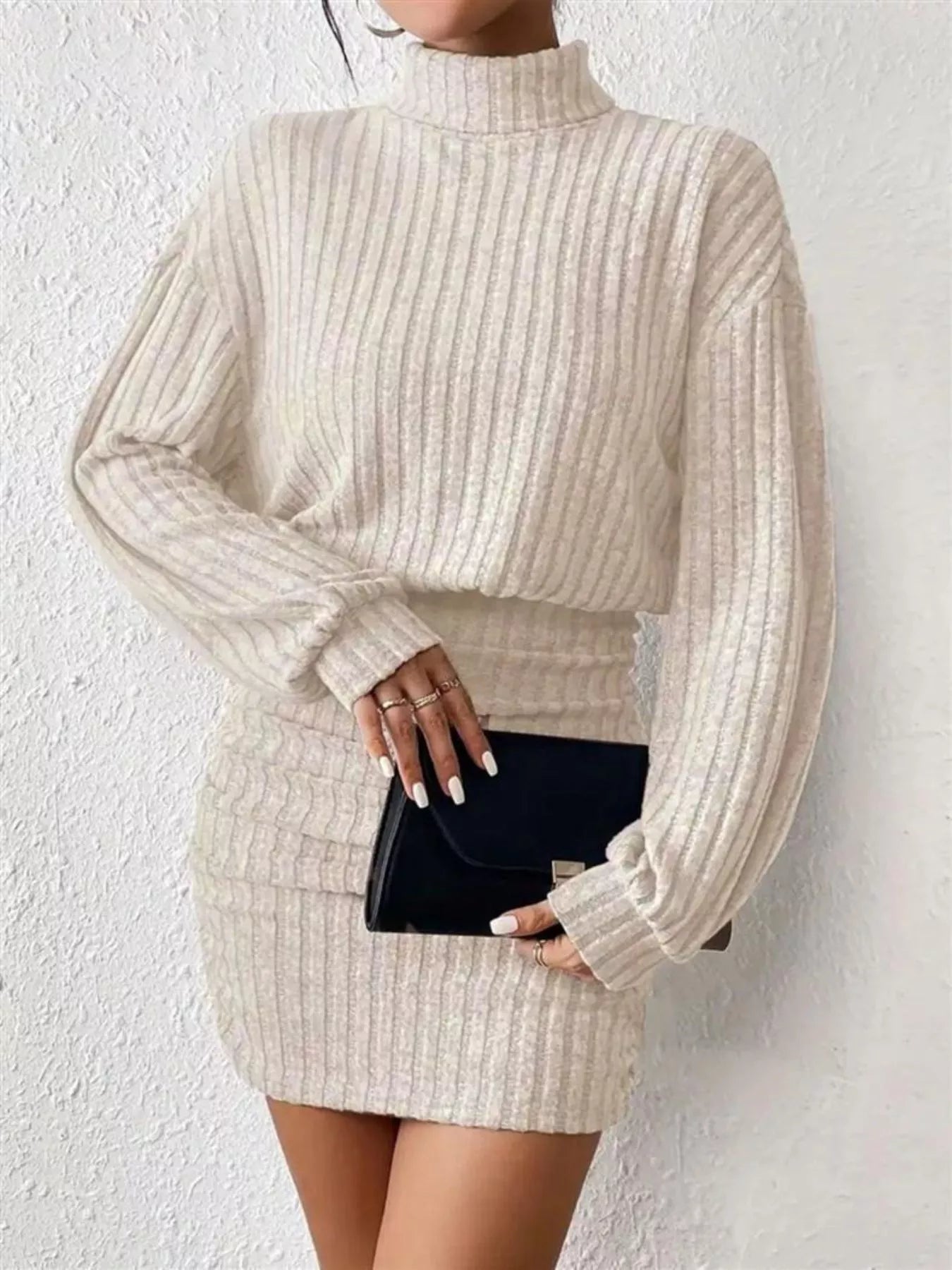 Ribbed Knit Turtleneck Bodycon Mini Dress designed for comfort and style at Lookzlike