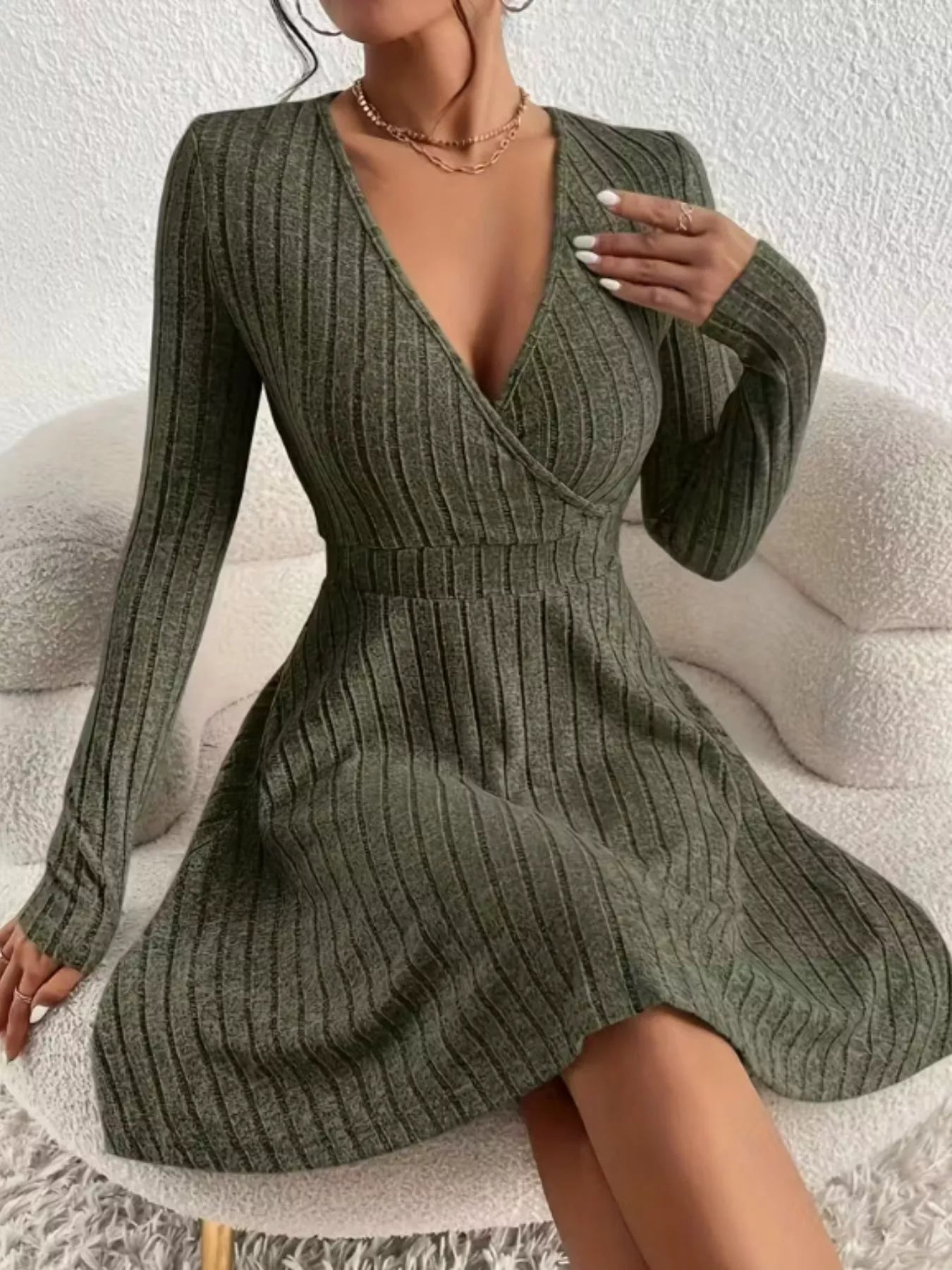 Ribbed Knit Wrap Mini Dress designed for comfort and style at Lookzlike