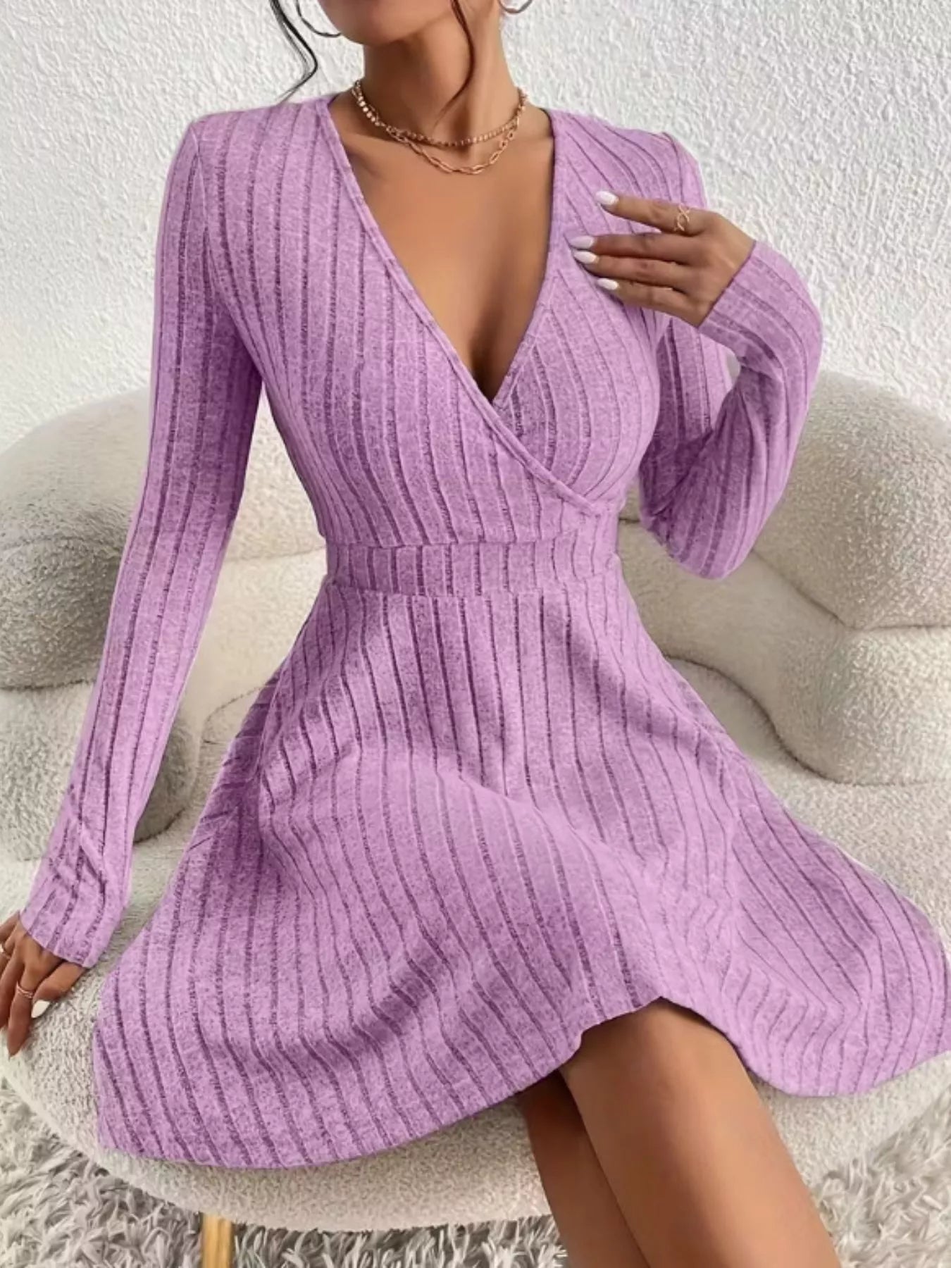 Ribbed Knit Wrap Mini Dress designed for comfort and style at Lookzlike