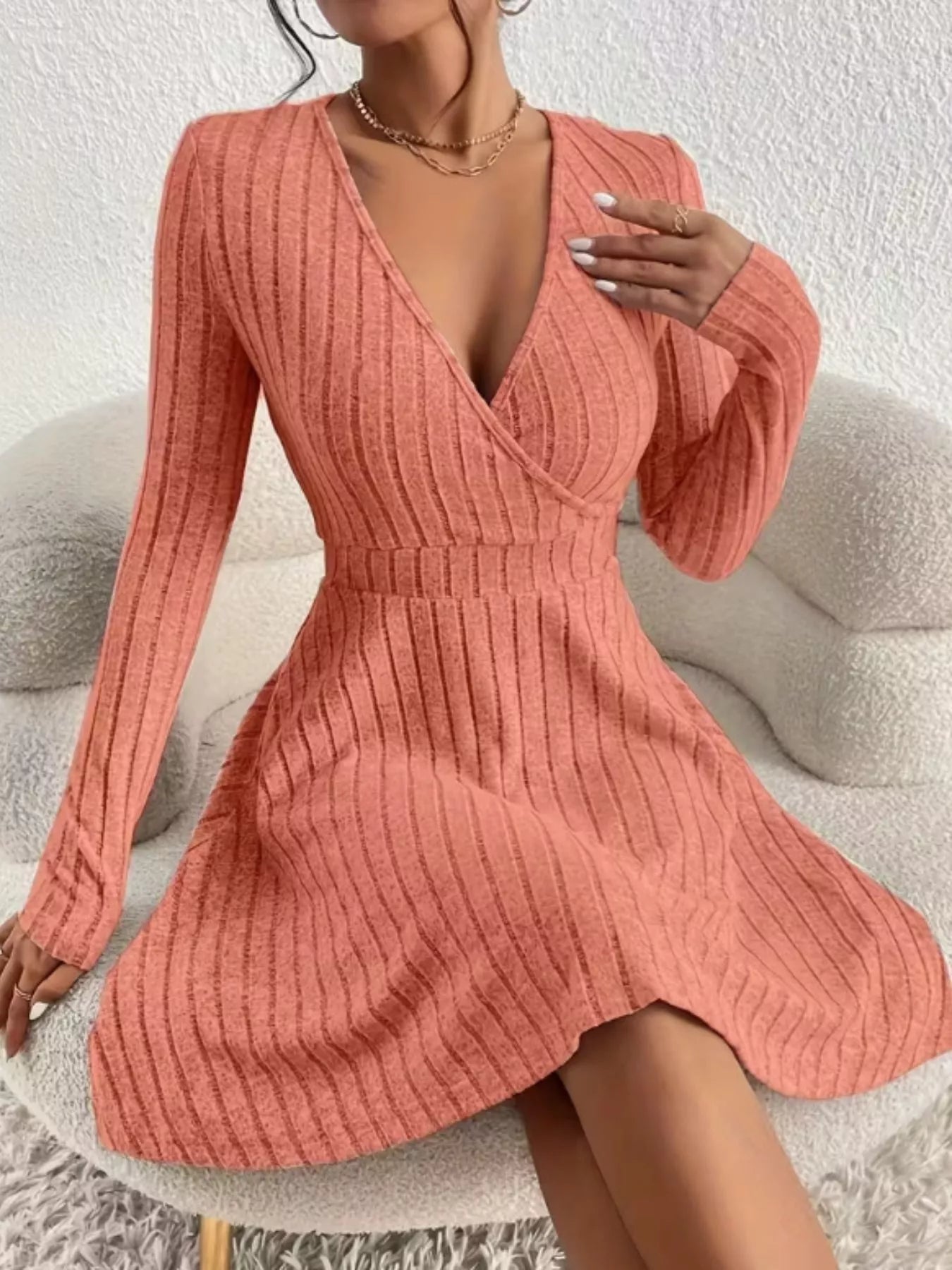 Ribbed Knit Wrap Mini Dress designed for comfort and style at Lookzlike