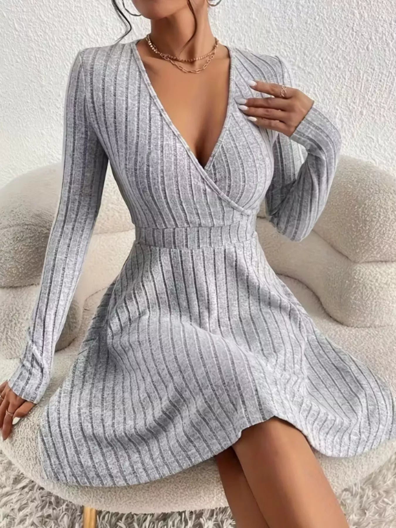 Ribbed Knit Wrap Mini Dress designed for comfort and style at Lookzlike