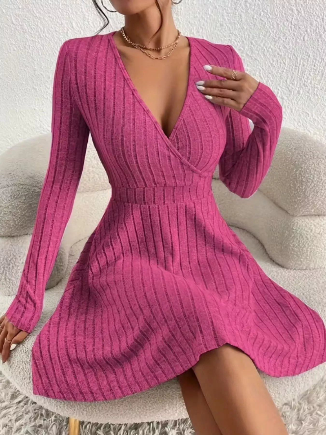 Ribbed Knit Wrap Mini Dress designed for comfort and style at Lookzlike