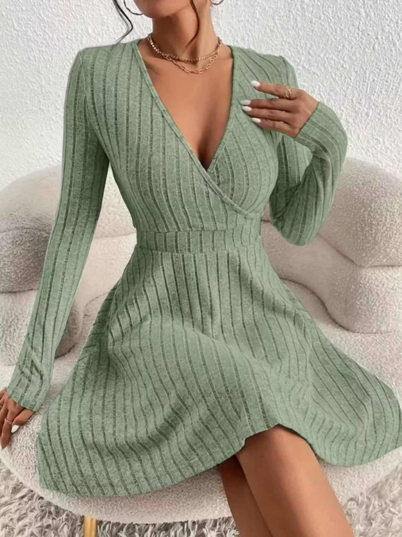 Ribbed Knit Wrap Mini Dress designed for comfort and style at Lookzlike