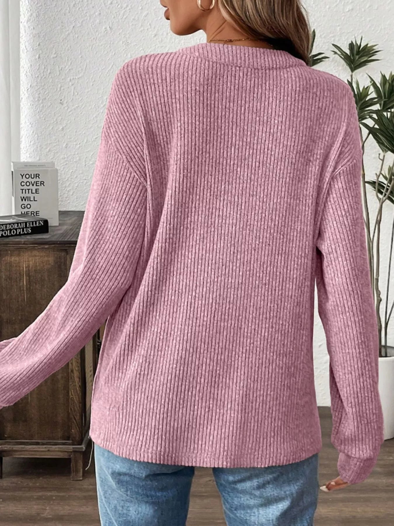 Ribbed Texture Drop Shoulder Henley Top designed for comfort and style at Lookzlike