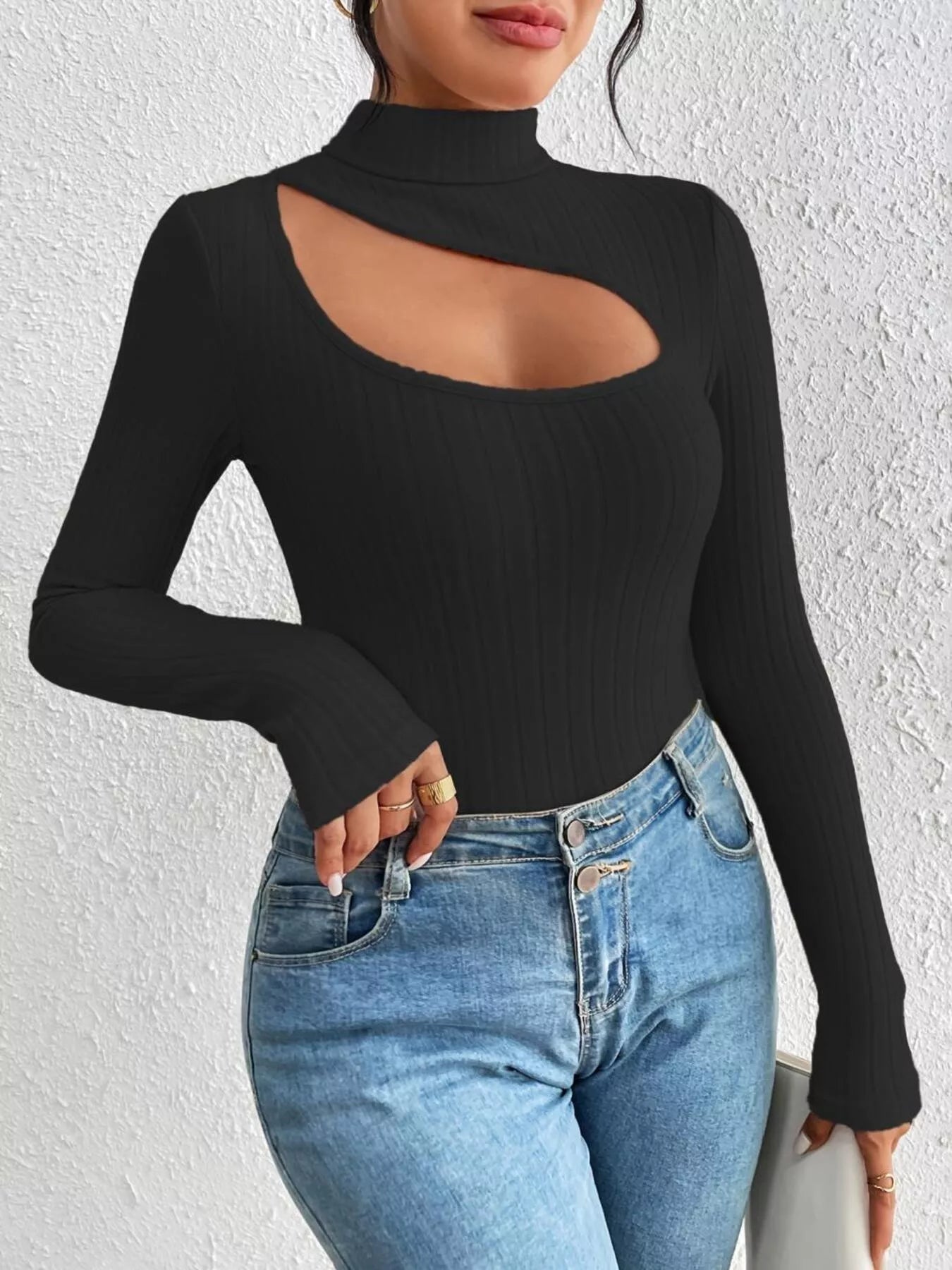 Ribbed Turtleneck Cutout Long Sleeve T-Shirt designed for comfort and style at Lookzlike
