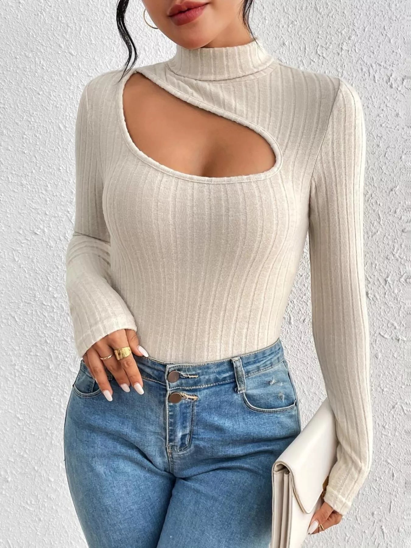 Ribbed Turtleneck Cutout Long Sleeve T-Shirt designed for comfort and style at Lookzlike