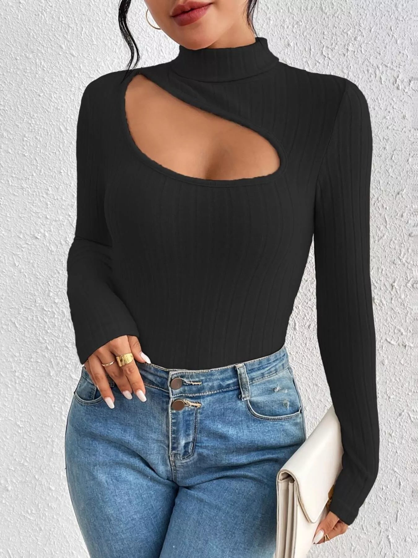 Ribbed Turtleneck Cutout Long Sleeve T-Shirt designed for comfort and style at Lookzlike