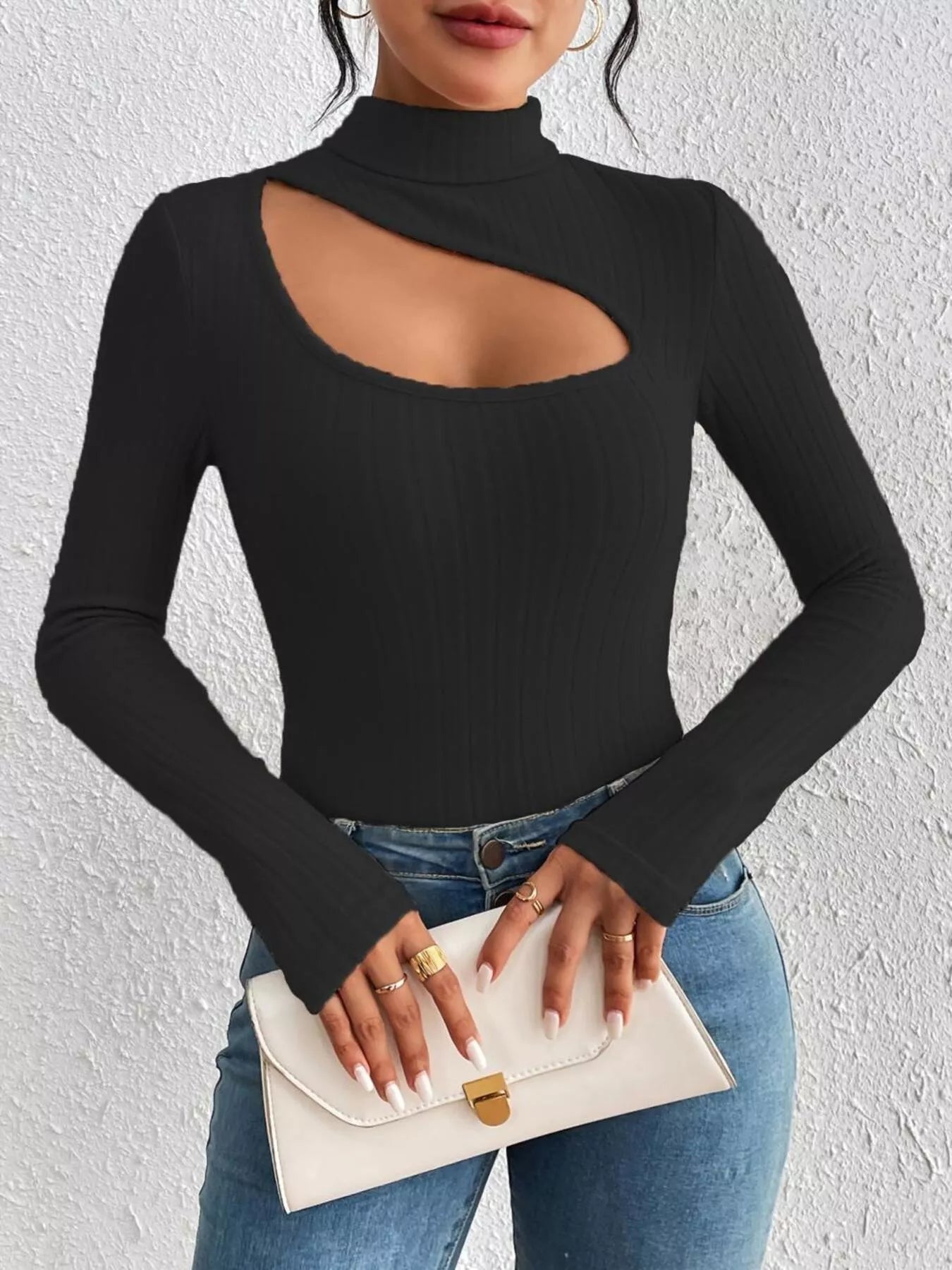 Ribbed Turtleneck Cutout Long Sleeve T-Shirt designed for comfort and style at Lookzlike
