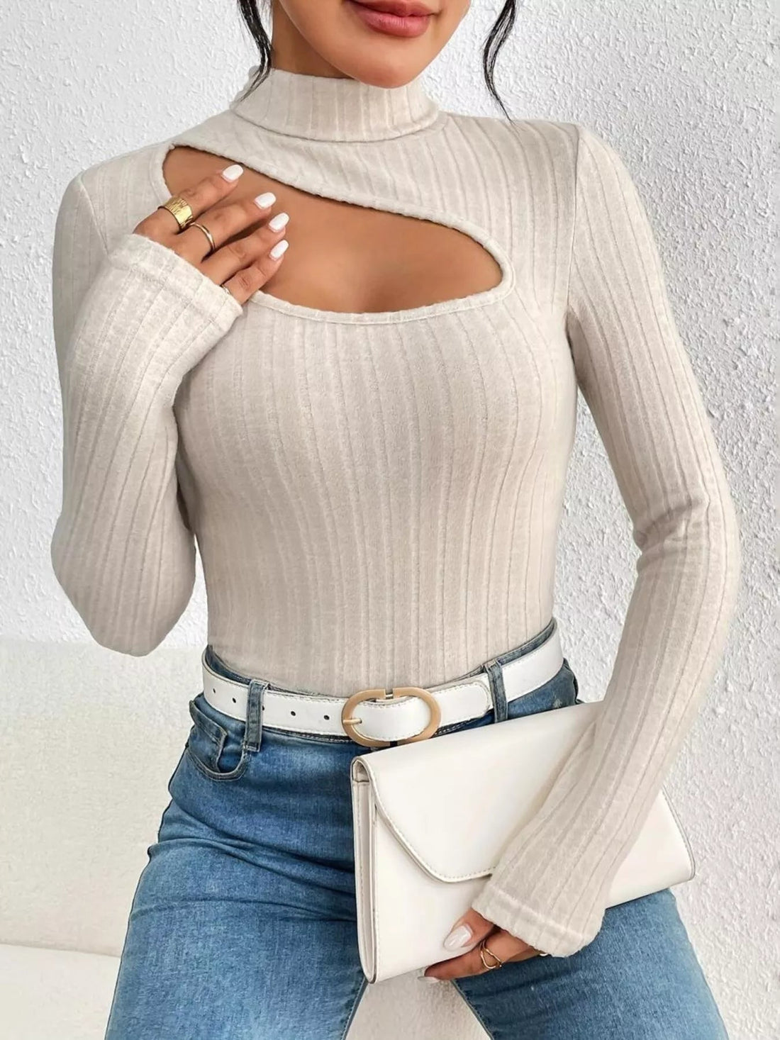 Ribbed Turtleneck Cutout Long Sleeve T-Shirt designed for comfort and style at Lookzlike