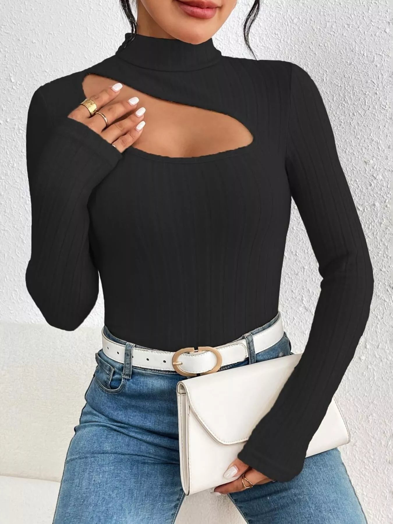 Ribbed Turtleneck Cutout Long Sleeve T-Shirt designed for comfort and style at Lookzlike