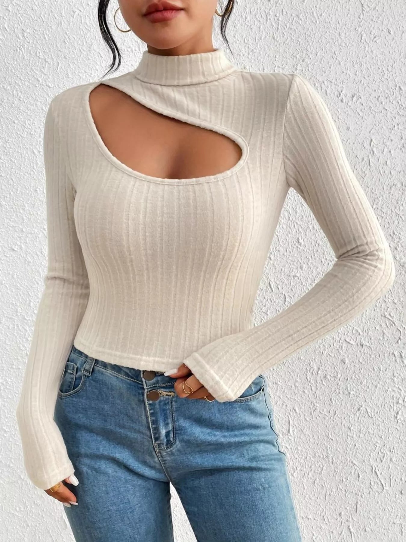 Ribbed Turtleneck Cutout Long Sleeve T-Shirt designed for comfort and style at Lookzlike