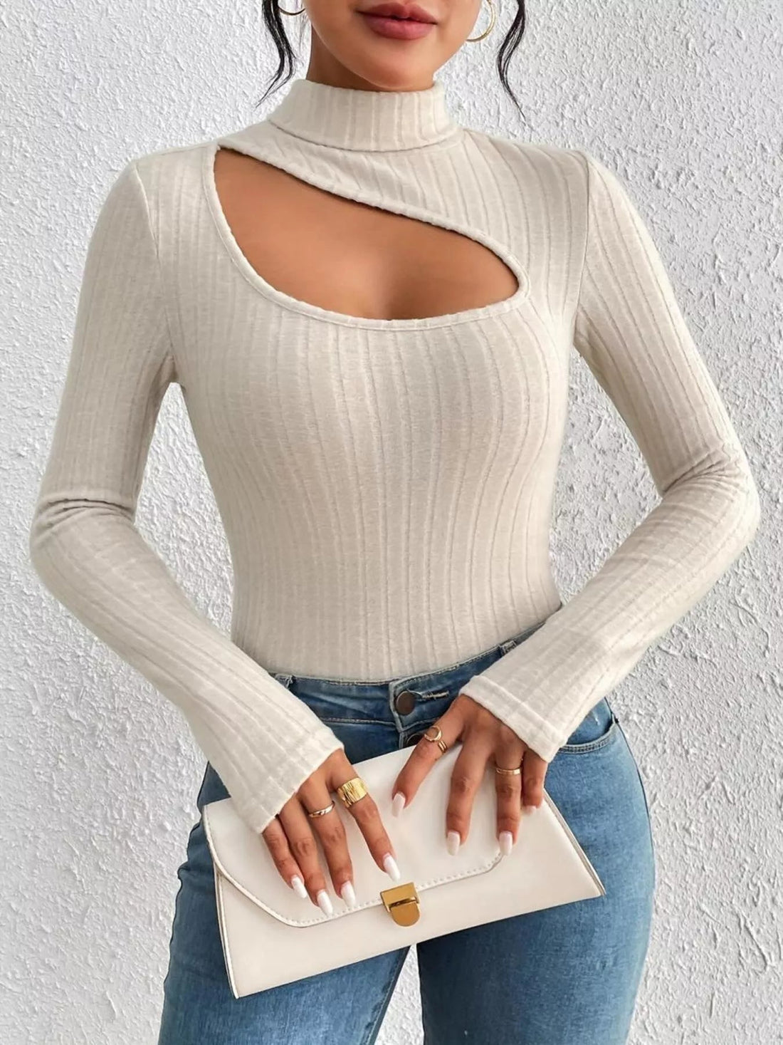 Ribbed Turtleneck Cutout Long Sleeve T-Shirt designed for comfort and style at Lookzlike