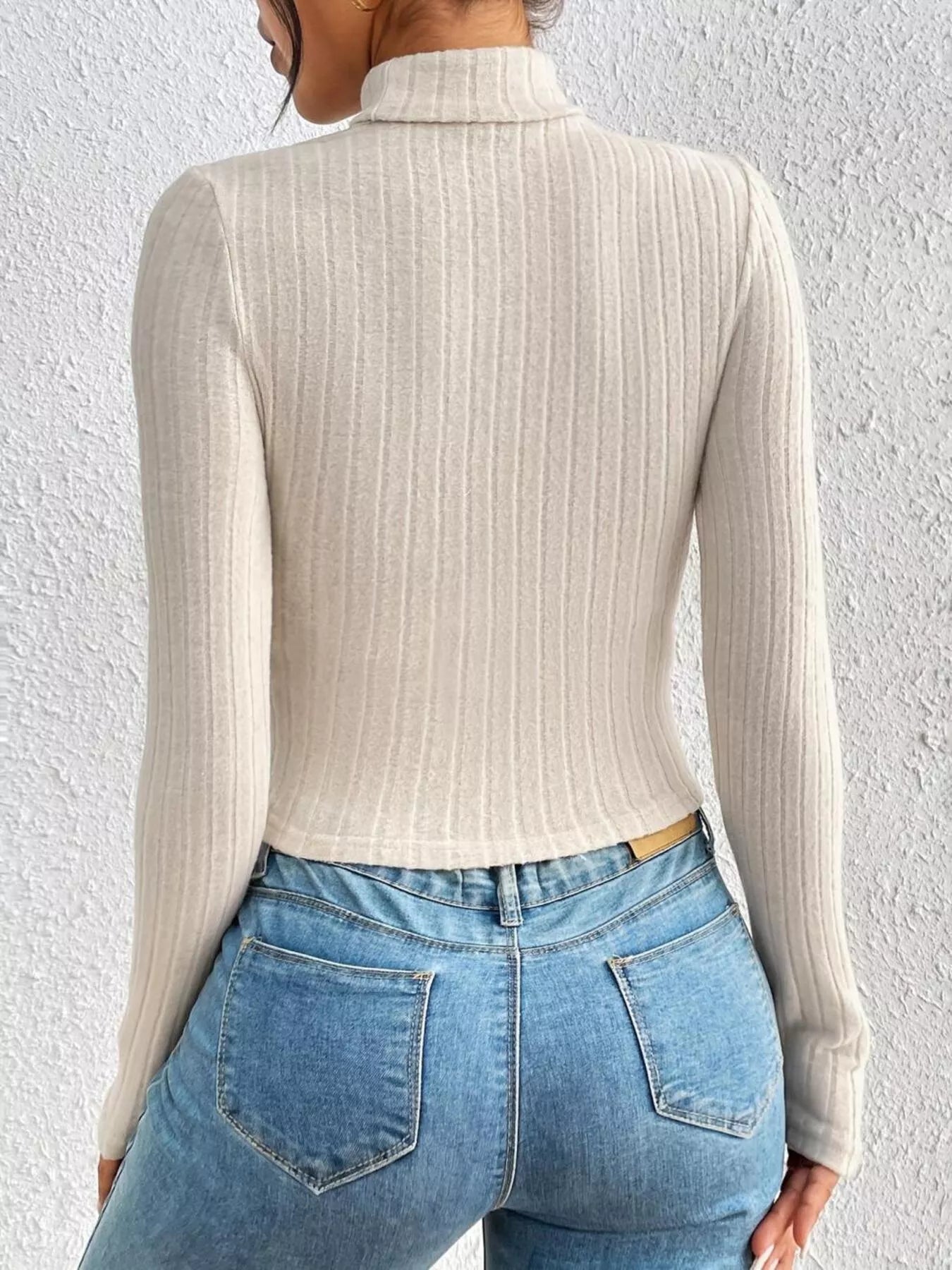 Ribbed Turtleneck Cutout Long Sleeve T-Shirt designed for comfort and style at Lookzlike