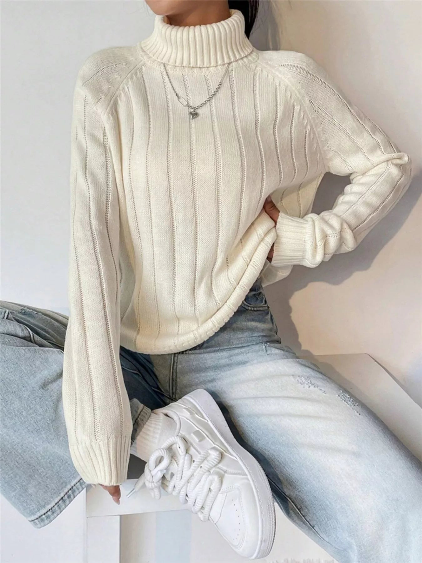 Ribbed Turtleneck Long Sleeve Sweater designed for comfort and style at Lookzlike