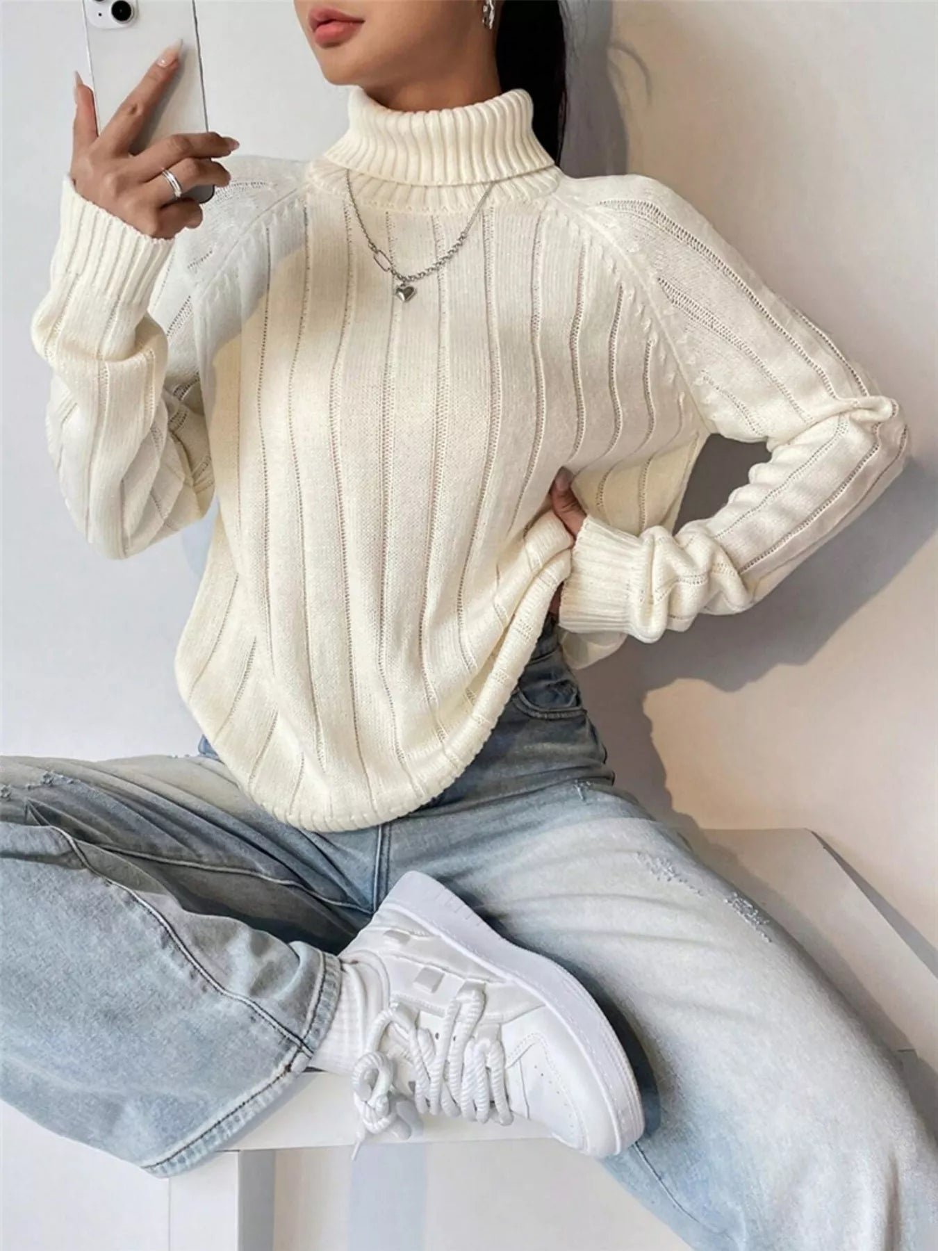 Ribbed Turtleneck Long Sleeve Sweater designed for comfort and style at Lookzlike