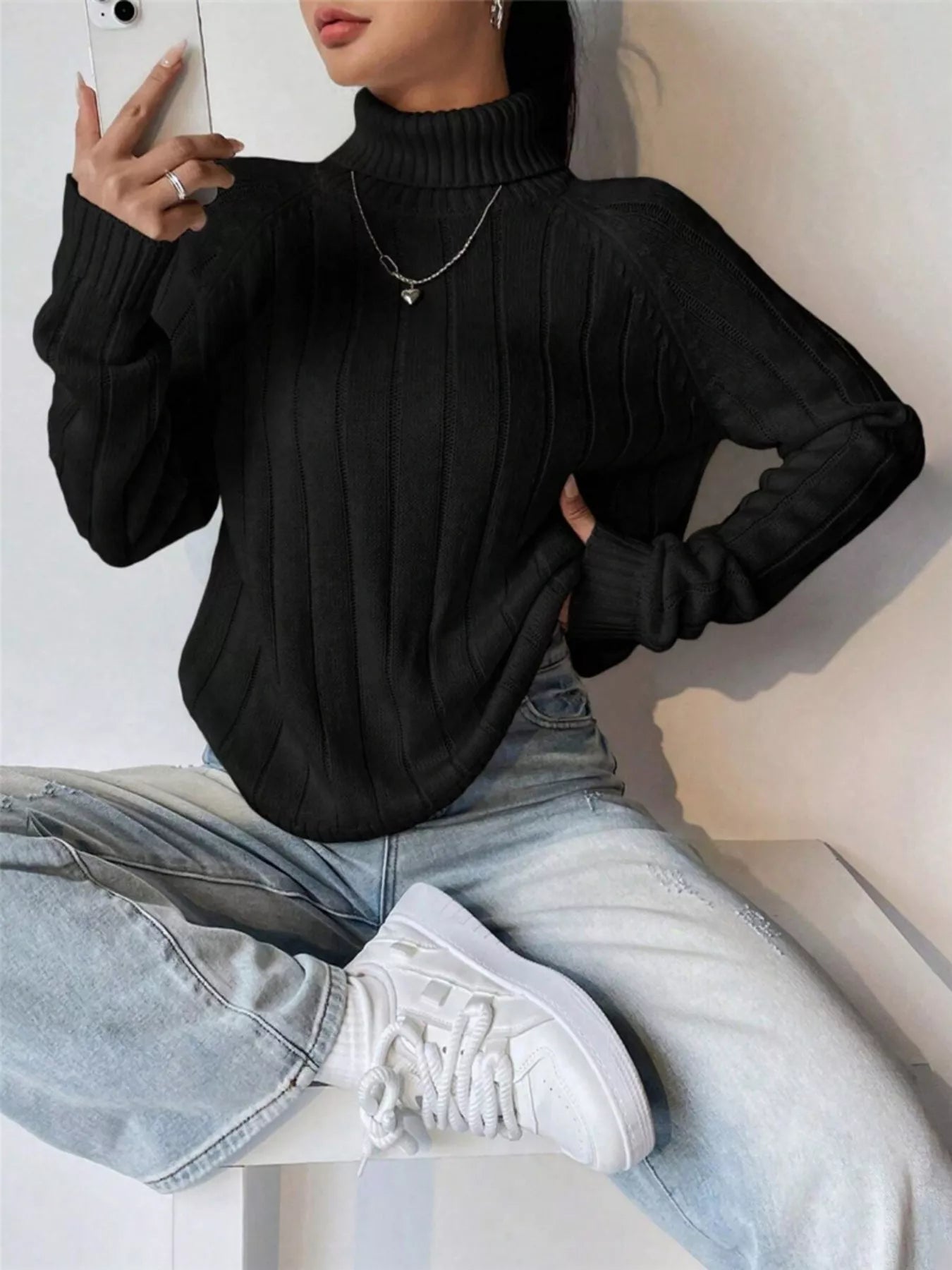 Ribbed Turtleneck Long Sleeve Sweater designed for comfort and style at Lookzlike