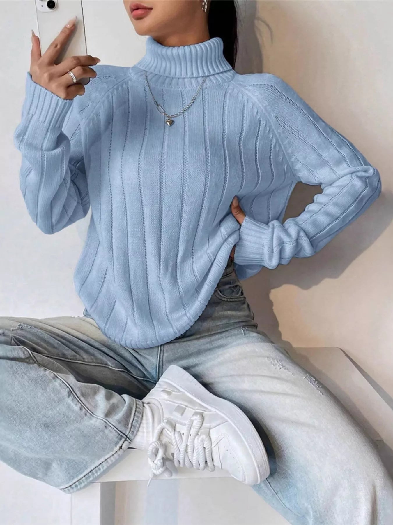 Ribbed Turtleneck Long Sleeve Sweater designed for comfort and style at Lookzlike