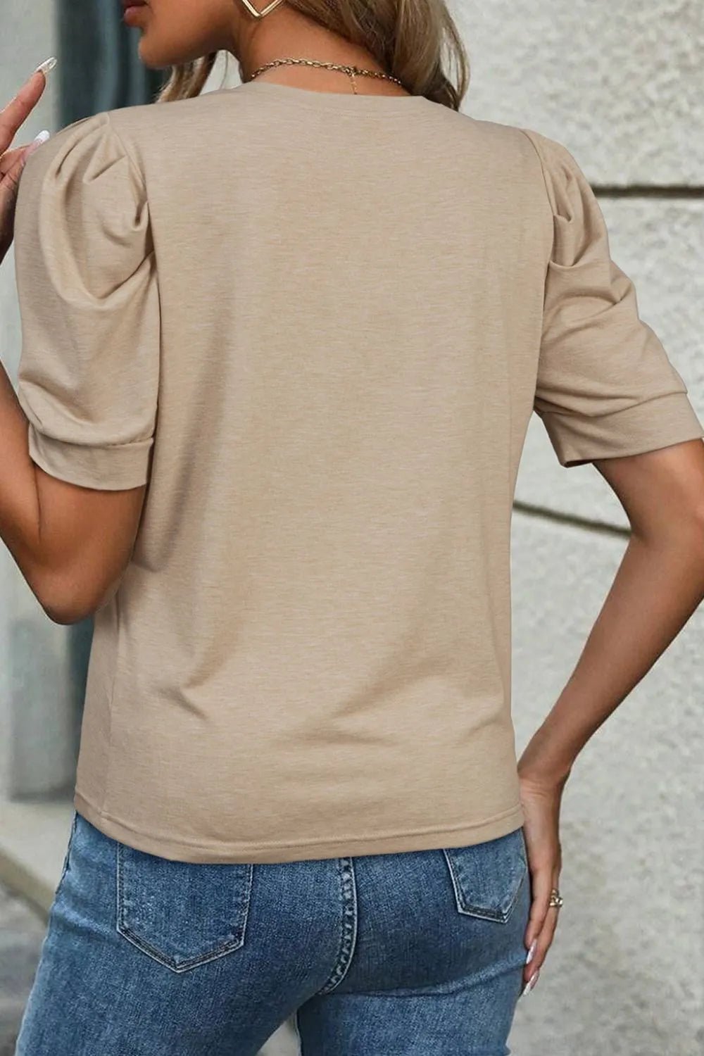 Round Neck Puff Sleeve Casual T-Shirt - Lookzlike