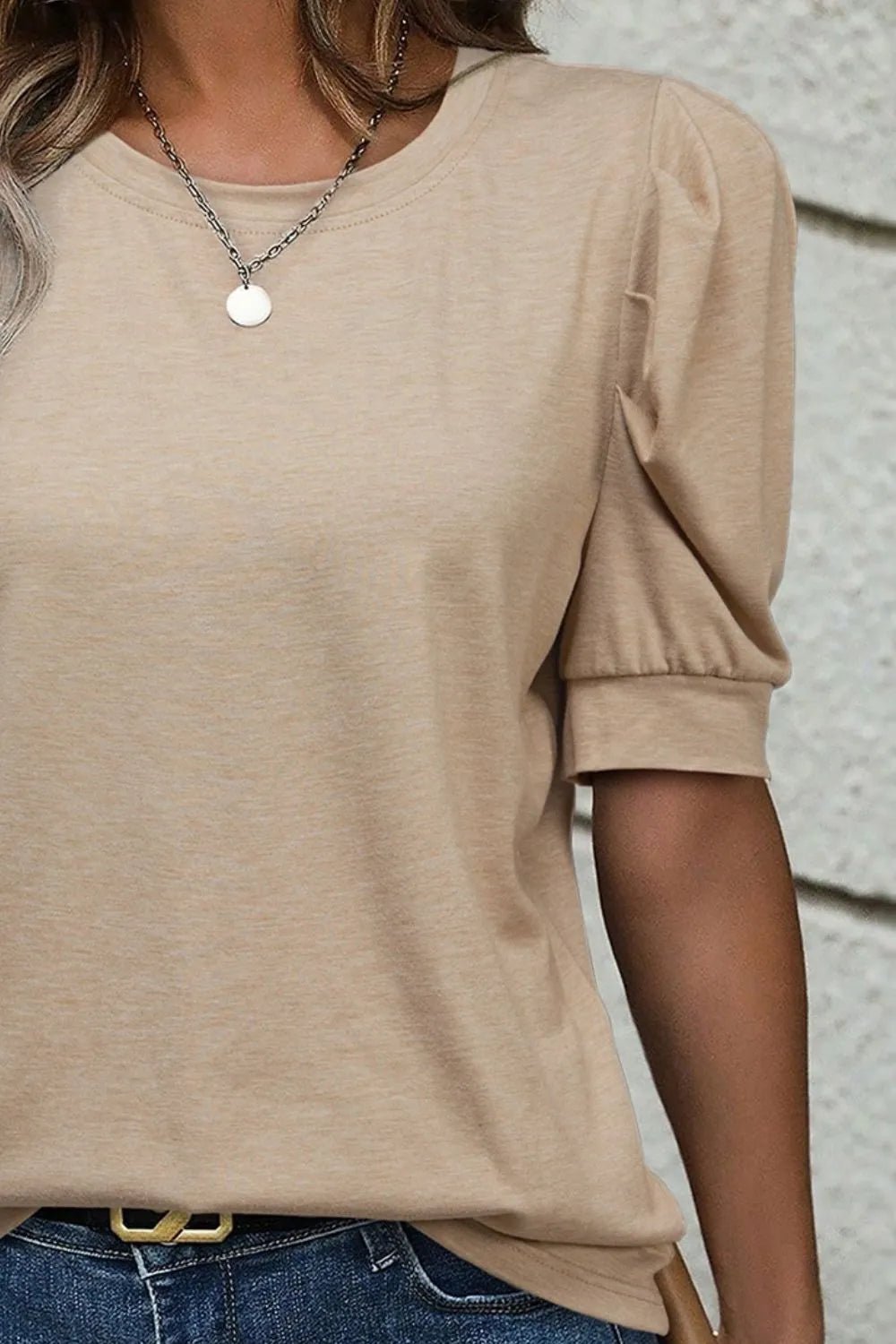 Round Neck Puff Sleeve Casual T-Shirt - Lookzlike